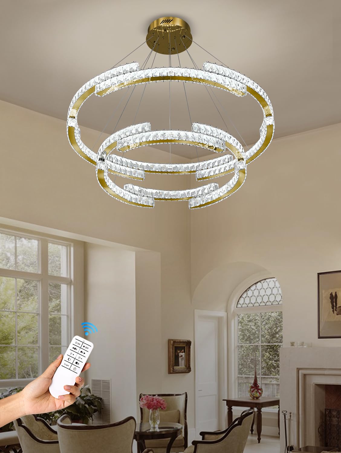 IDEQUY Modern Gold Crystal Chandeliers, D32''+D20'', LED Dimmable, Foyer Light, Model CF8014-48J