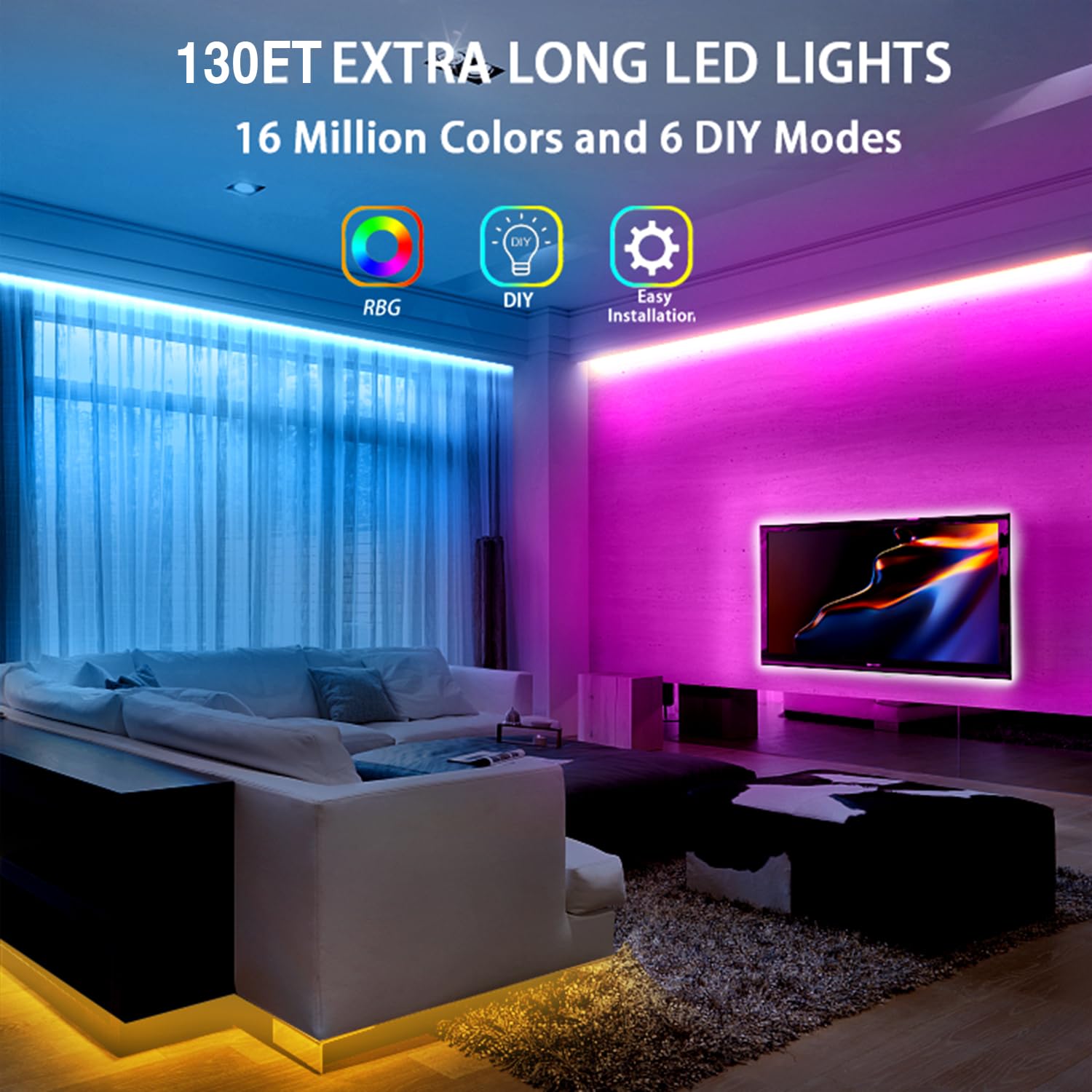 Dalattin Led Lights For Bedroom 130Ft Rgb Led Strip Lights Color Changing Kit With 44 Keys Remote Controller And 24V Power Suppl