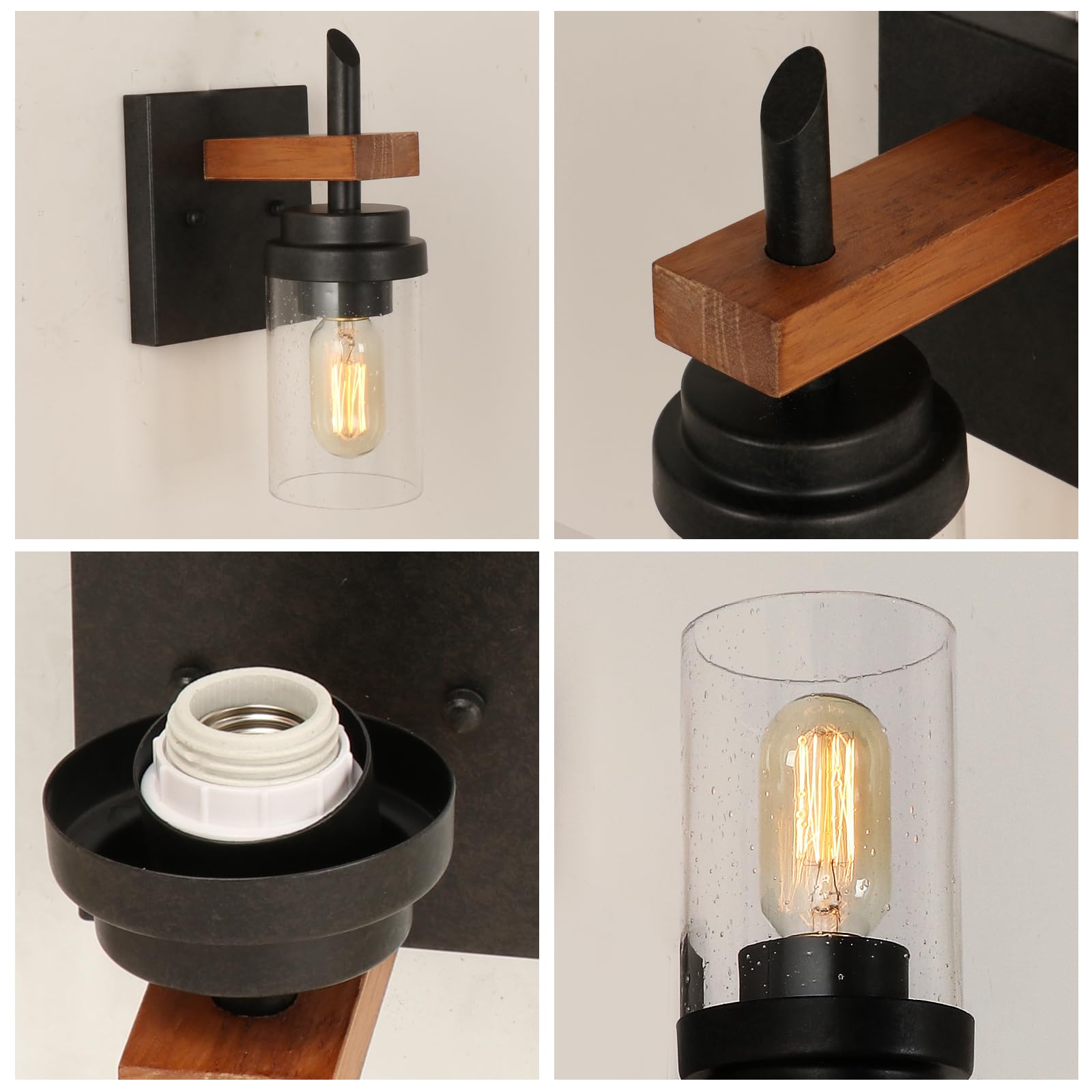 Eumyviv Rustic Wall Light Sconce With Seeded Glass Shade, Vintage Edison Metal Wood Wall Lamp Fixture For Entryway Bedroom Bathr