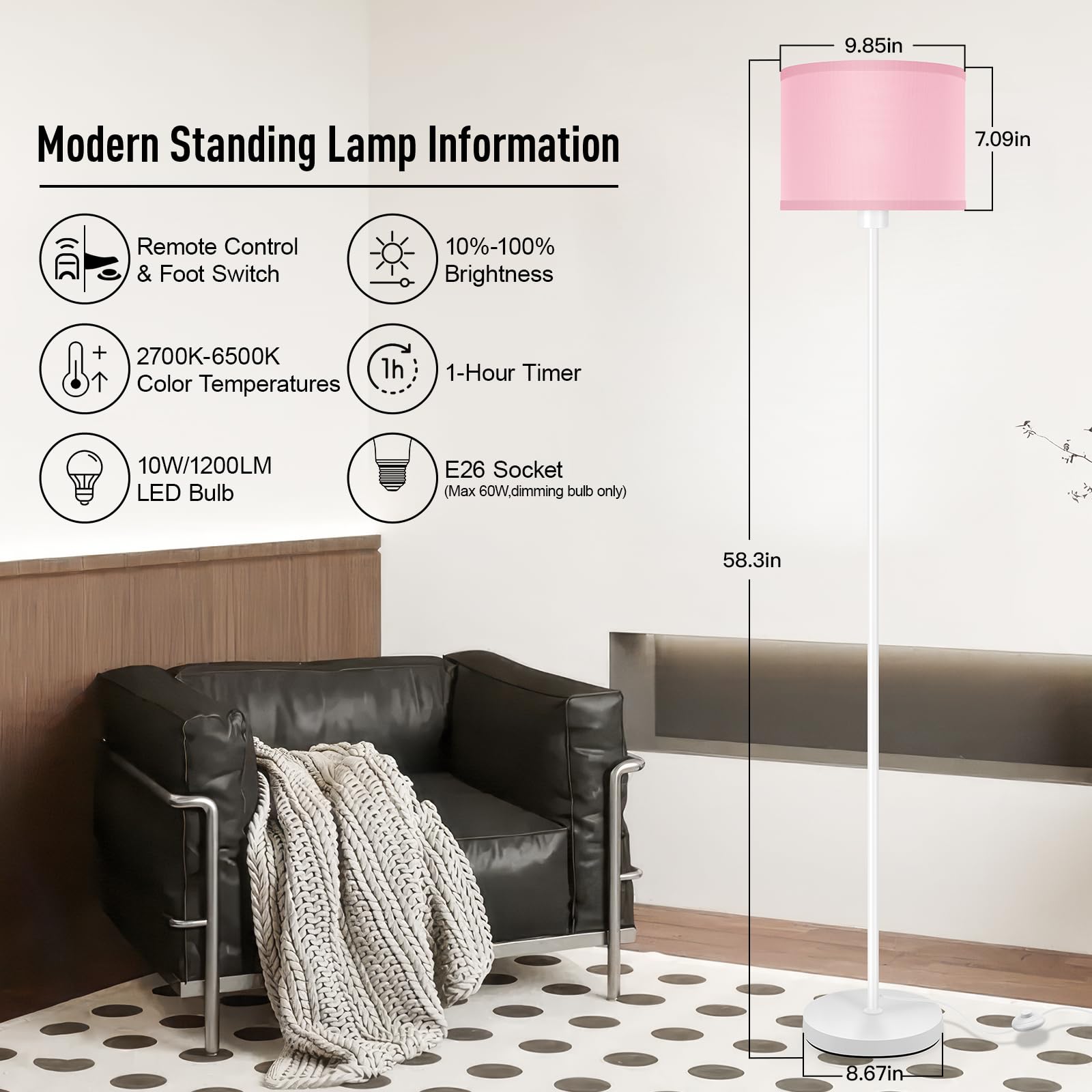 Bricosmocon Pink Floor Lamp - Stepless Dimmable, 10W/1200LM, Remote Control, 2700K-6500K Adjustable Brightness, Modern Design for Living