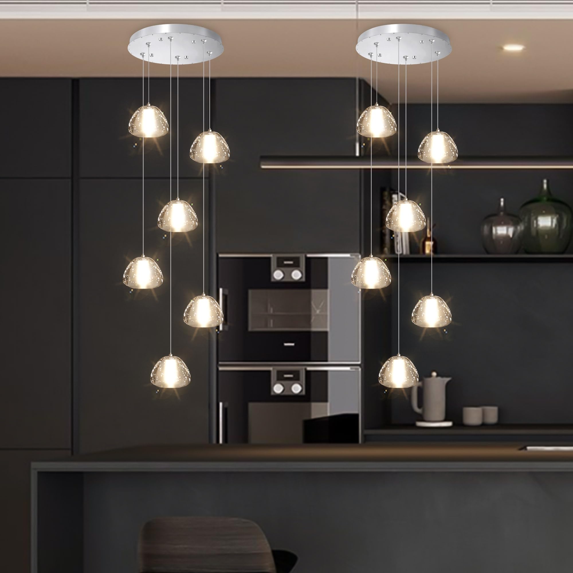 dolria 6-Lights Round Crystal Pendant Lighting, Modern Silver Chandelier for Dining Room, Bedroom, Foyer, Model PC0010, 3000K
