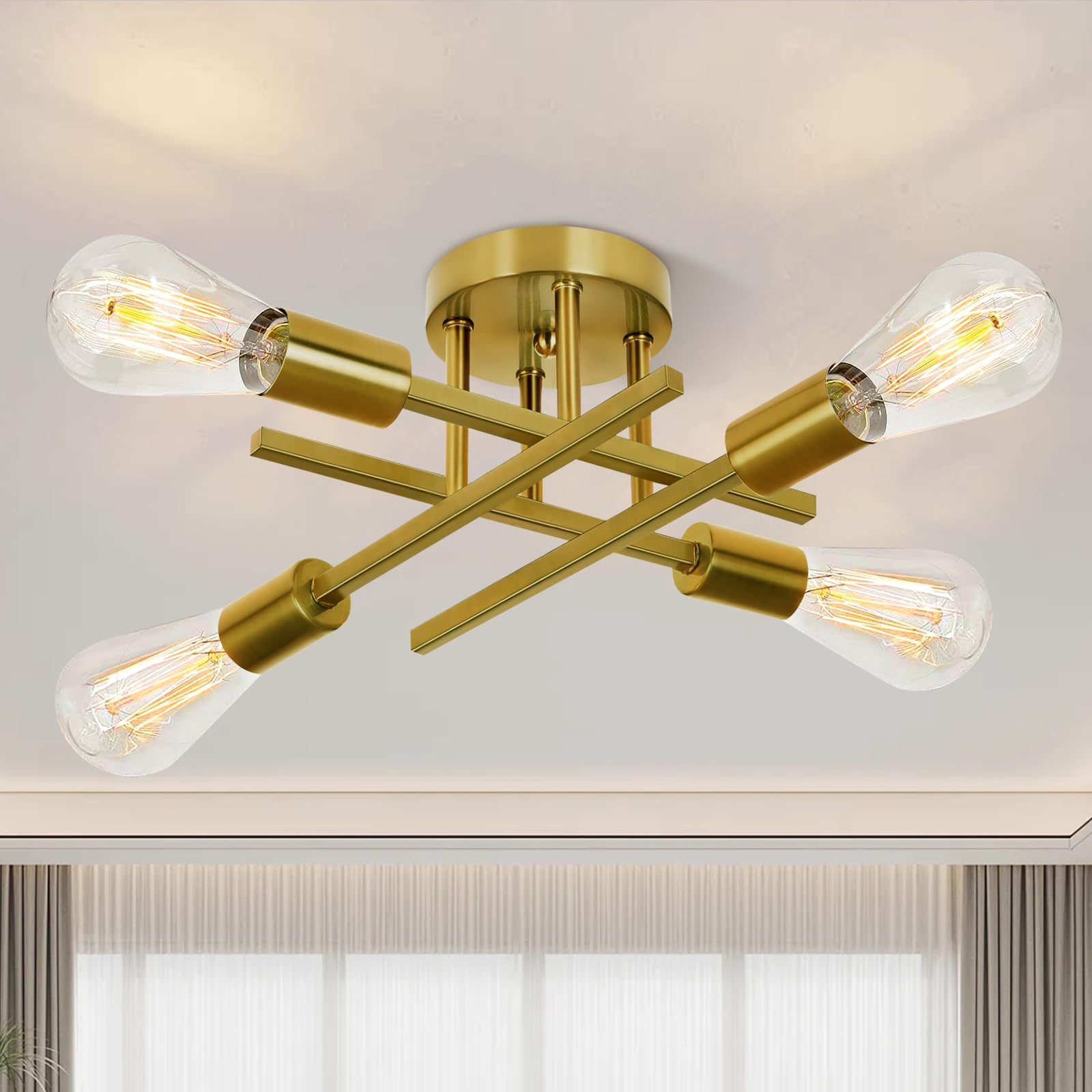 Ceiling Light  Dining Room Light Fixture With E26 Base  Semi Flush Mount Ceiling Light Fixture  Kitchen Lighting Fixtures Ceiling  4-Light Matte Gold Chandelier For Bedroom