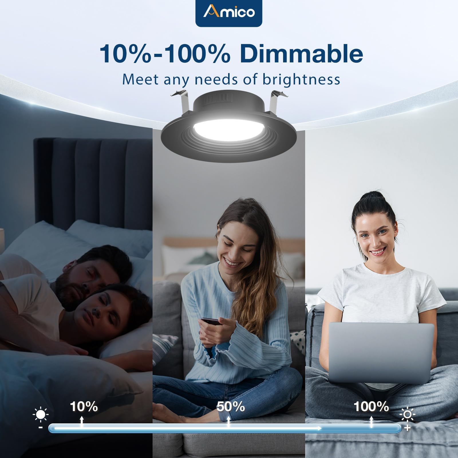 Amico 4 Inch 5Cct Led Recessed Lighting 12 Pack, Dimmable, Damp Rated, 9W=60W, Can Lights With Baffle Trim, Retrofit Installatio