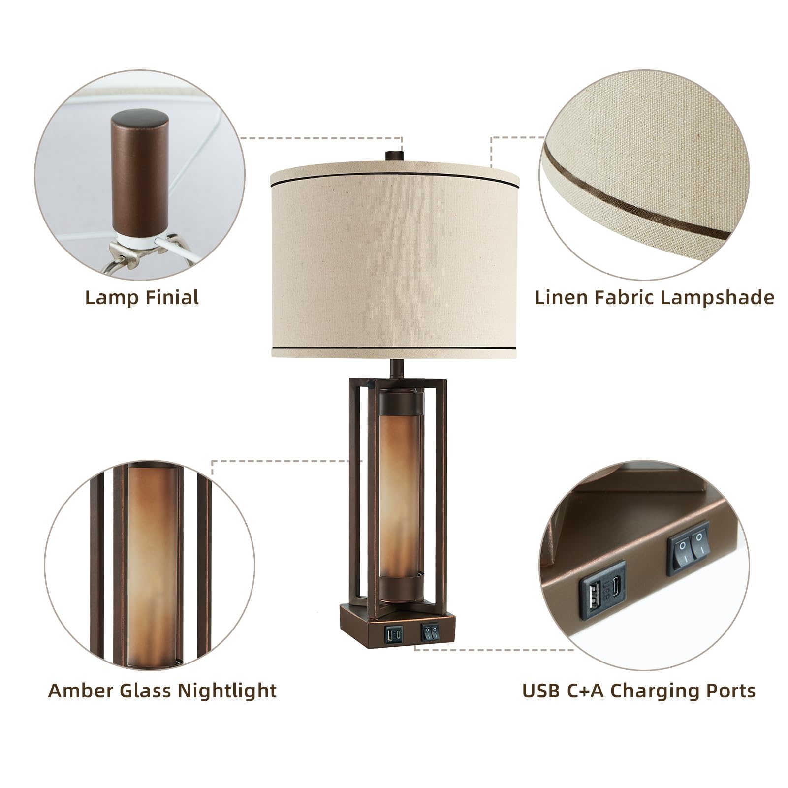 RORIANO Rustic Table Lamps Set of 2 - USB Ports, Amber Glass, Vintage Style, Brown, Model LM8930
