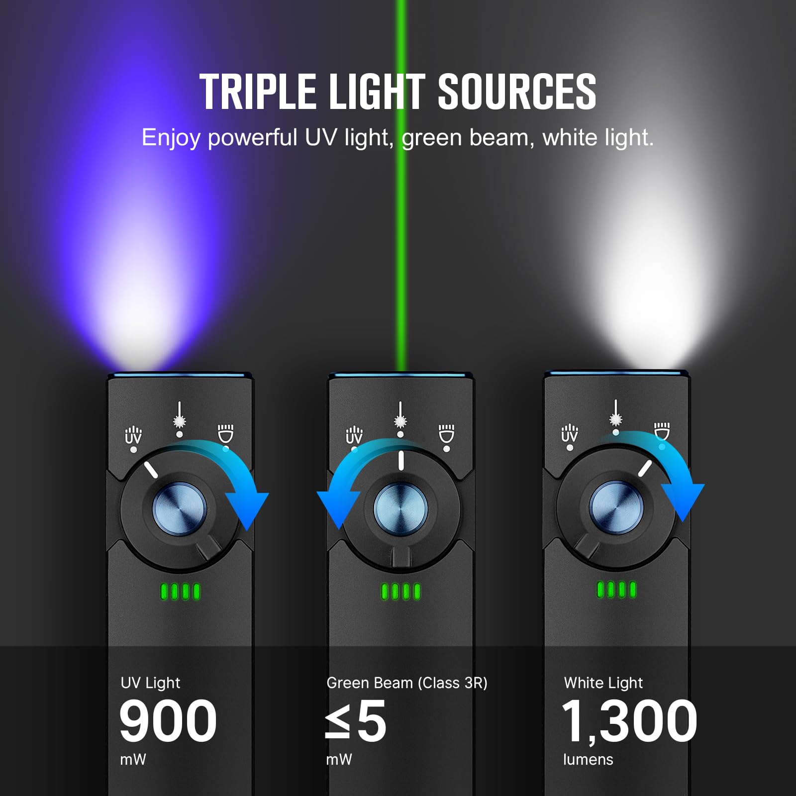 OLIGHT Arkfeld Pro EDC Flat Flashlight - 1300 Lumens, Green Beam, UV & White LED, Aluminum, Black