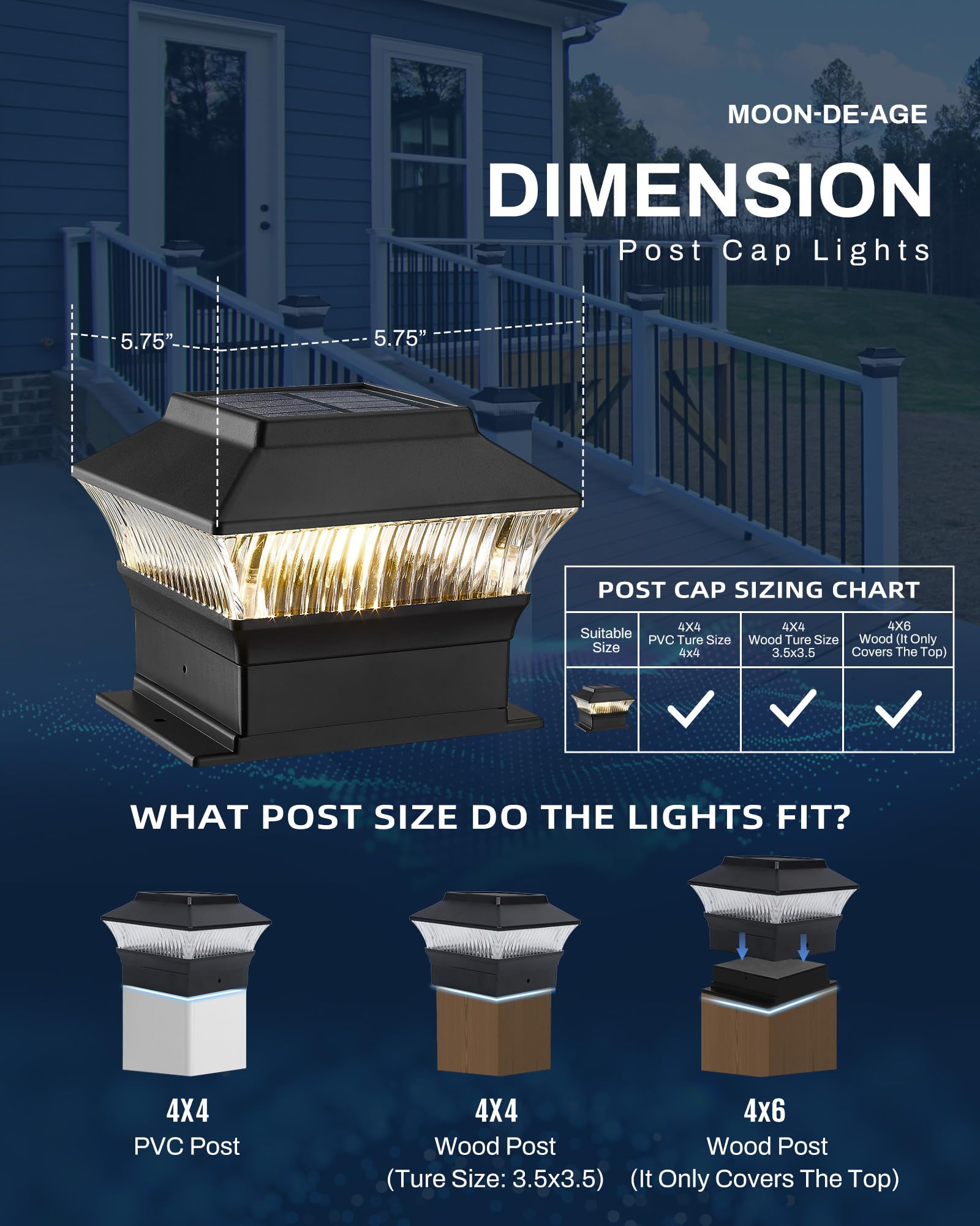 MOON-DE-AGE Solar Post Cap Lights, 4x4 4x6 Fence Post Light Solar Powered, 25 Lumens Deck Post Light Outdoor, 3000K Warm Light,