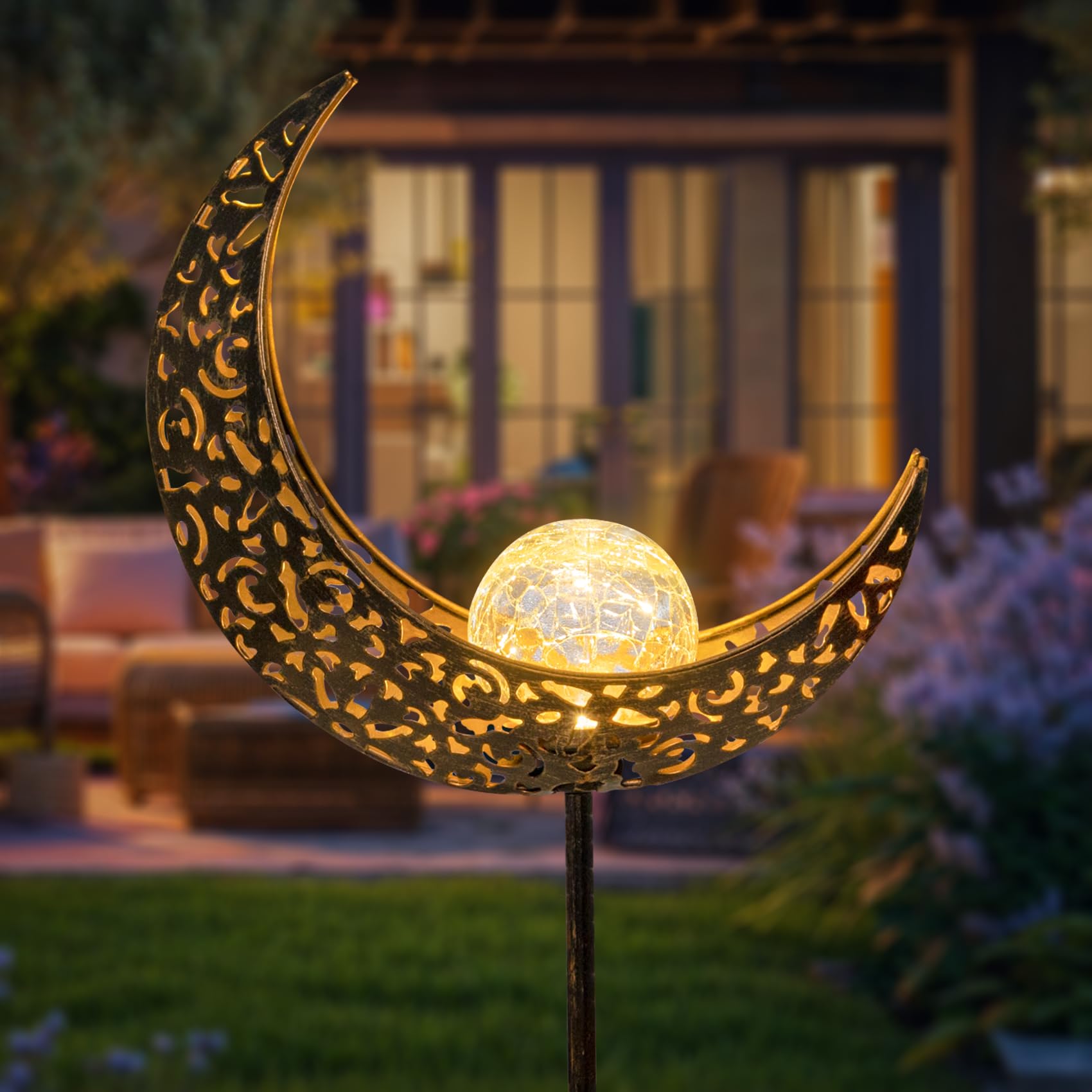 HOMEIMPRO Solar Garden Lights Metal Bronze Moon 1Pack Waterproof Decorative for Lawn Patio Accessories