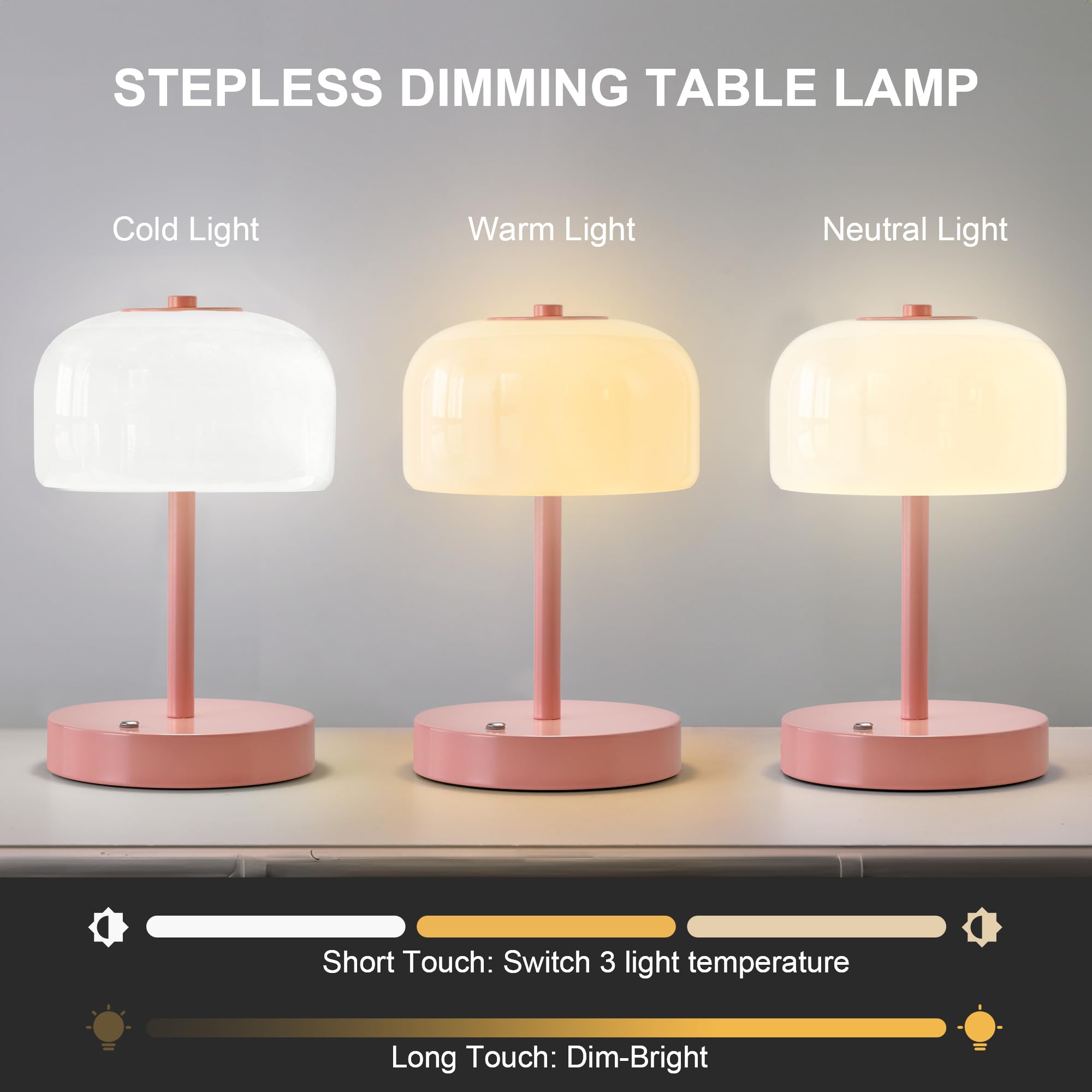 Oneach Cordless Table Lamp, Wood Grain Rechargeable, 3-Way Dimming, 9" Glass Bedside Light for Bedroom, Dining Table, Living Room Decor