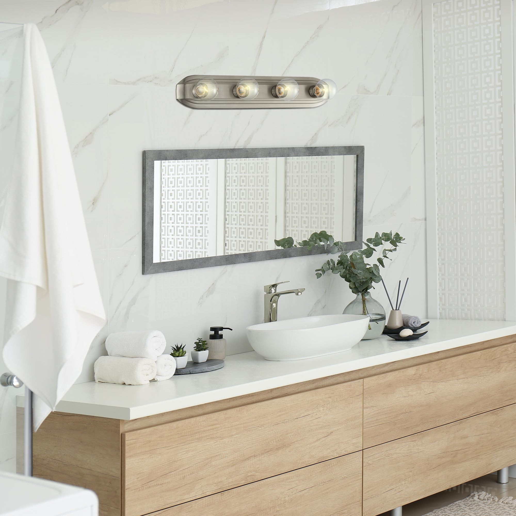 Designers Fountain Melrose 4-Light Bathroom Vanity Light Fixture, Brushed Nickel, Glass, Model 6614-BN