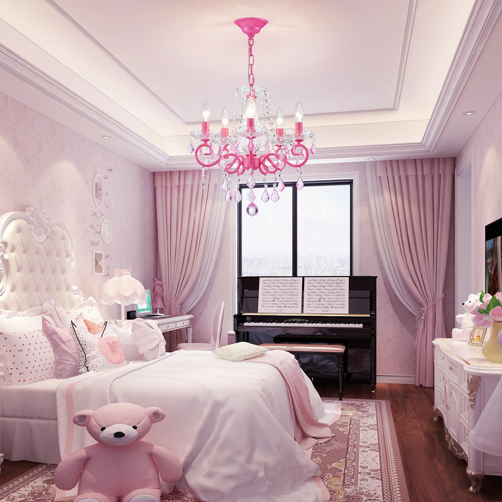 ANJIADENGSHI Small Crystal Chandelier, 16.5in High, 17in Wide, Pink, Crystal, Model CL-0011PK, Modern Pendant Light for Dining Room,