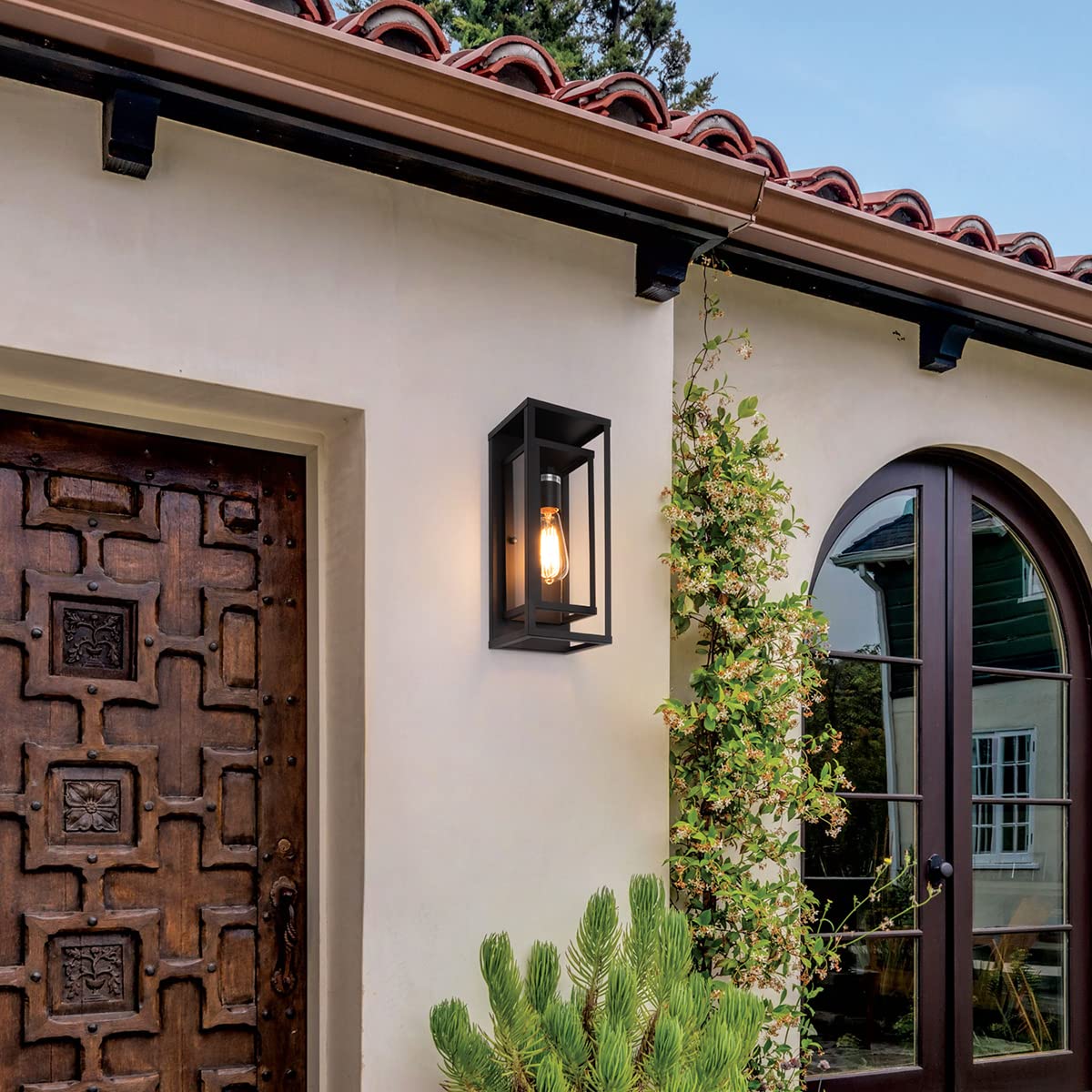 mirrea Outdoor Wall Sconce 1 Light, 14" Matte Black Rectangular Metal Frame, Clear Glass Shade, Waterproof, Pack of 2