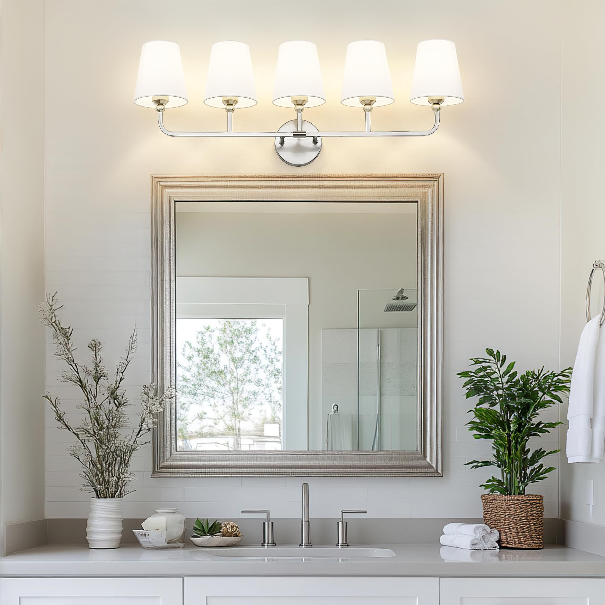 Metwet Bathroom Light Fixtures, 5 Light Brushed Nickel Vanity Lights With Flared White Fabric Shade, 35 Inch Wall Sconce, Modern