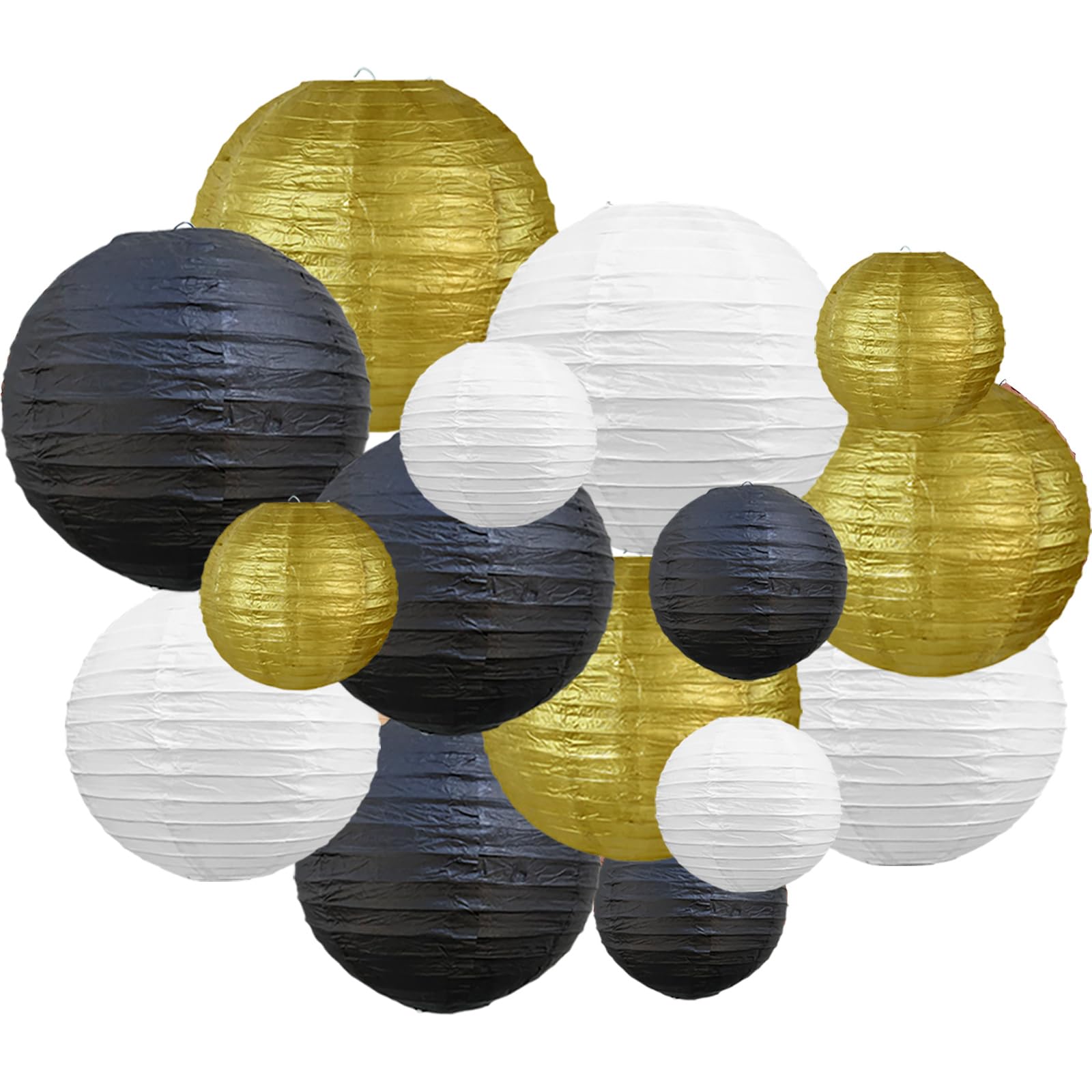Beishida 16 Pcs Black Gold Paper Lanterns,Hanging Decorative Chinese Japanese Round Paper Lantern Lamp For Wedding Graduation An