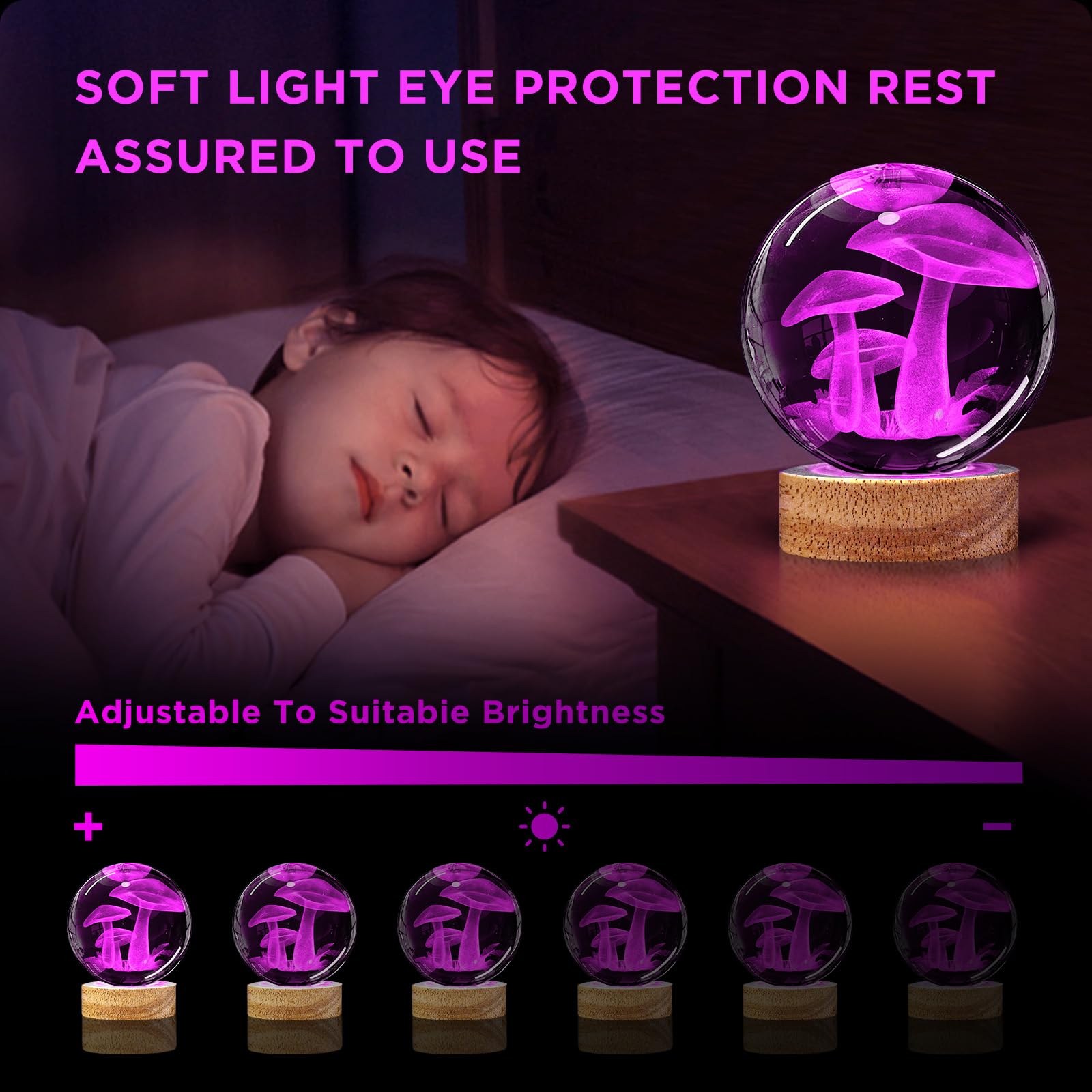 3D Mushroom Crystal Ball Night Light 3.15 Inch Mushroom Glass Ball Lamp With 16 Color Changing Wooden Base And Remote Ideal Gift