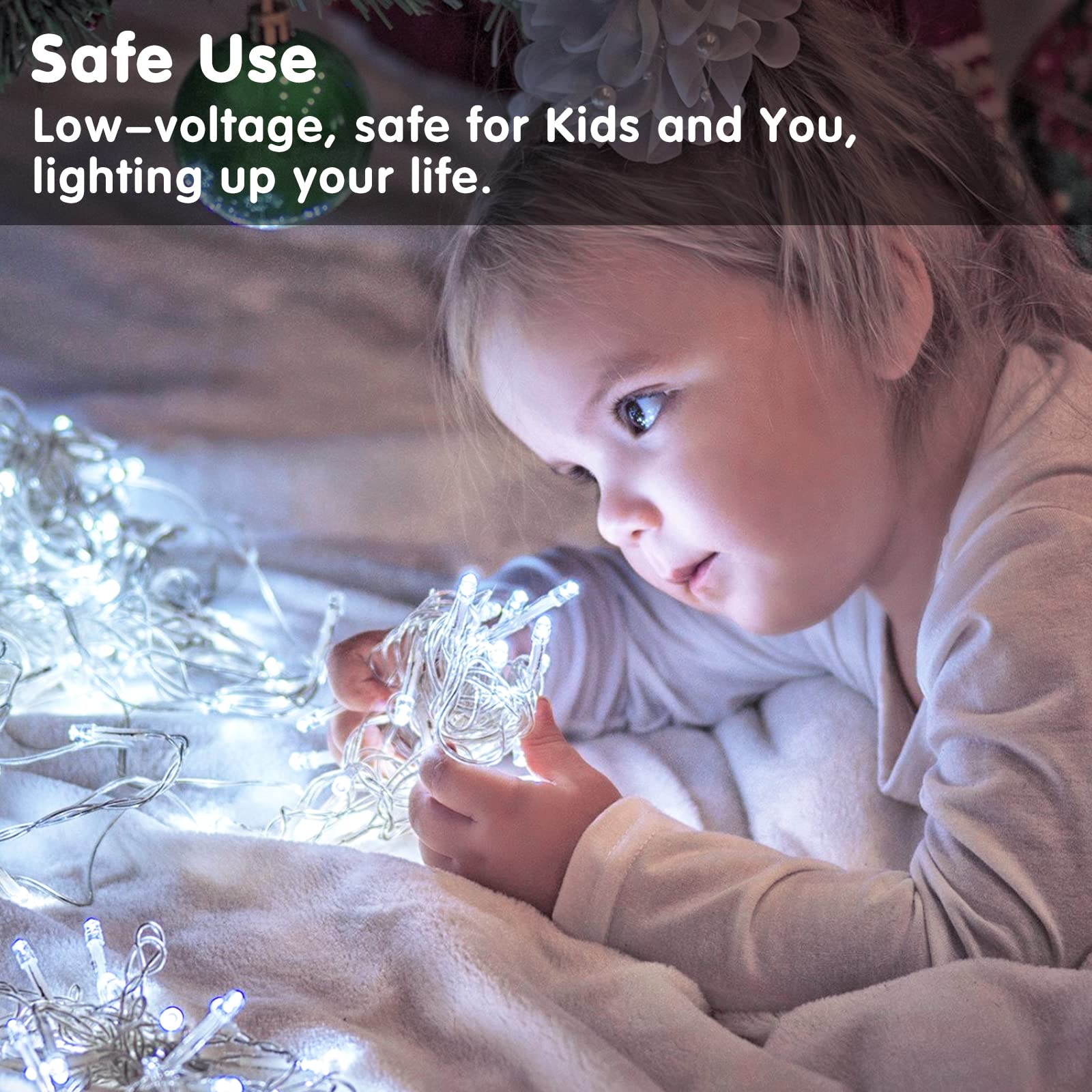JMEXSUSS Battery Operated String Lights, 33ft, 100 LED, Waterproof, 8 Modes, Remote, Cool White, Indoor/Outdoor, Christmas, Wedding Decor