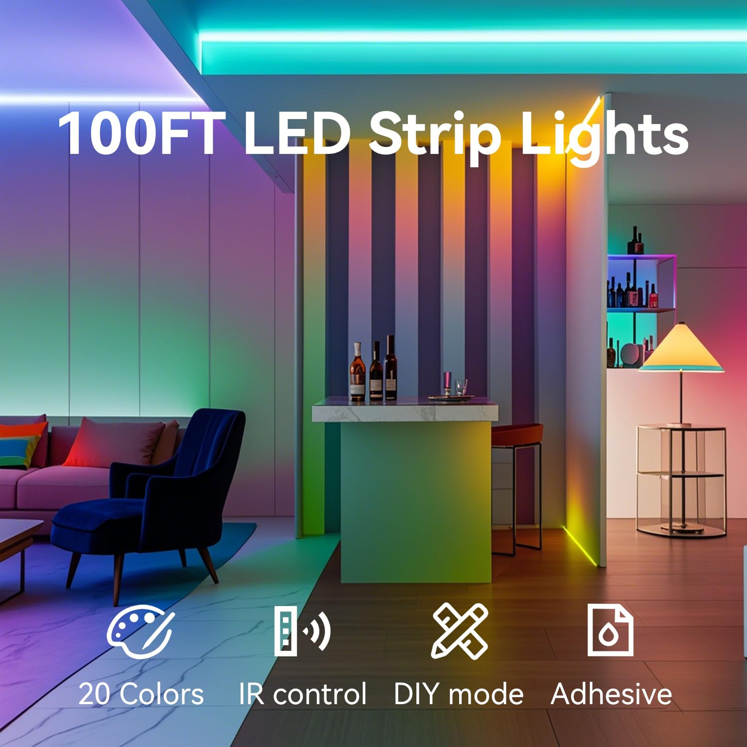 CHARKEE LED Strip Lights 100ft, Color Changing RGB, 44-Key Remote, SMD5050, Indoor Room Decor, Model CH55NW18100, Multicolor