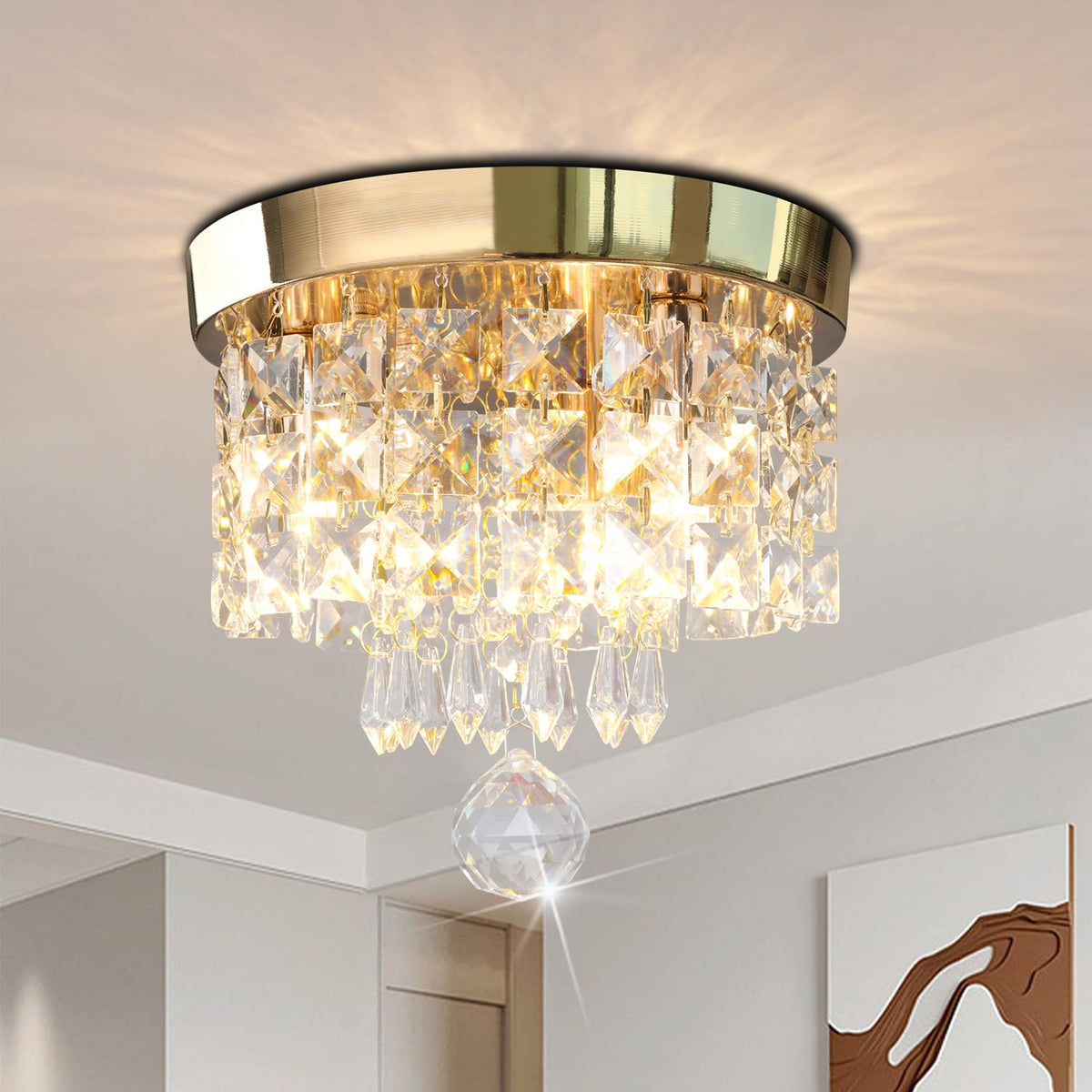 CRYSTOP Mini Crystal Chandelier Gold K9 Crystal Ceiling Light 8in x 7i ...