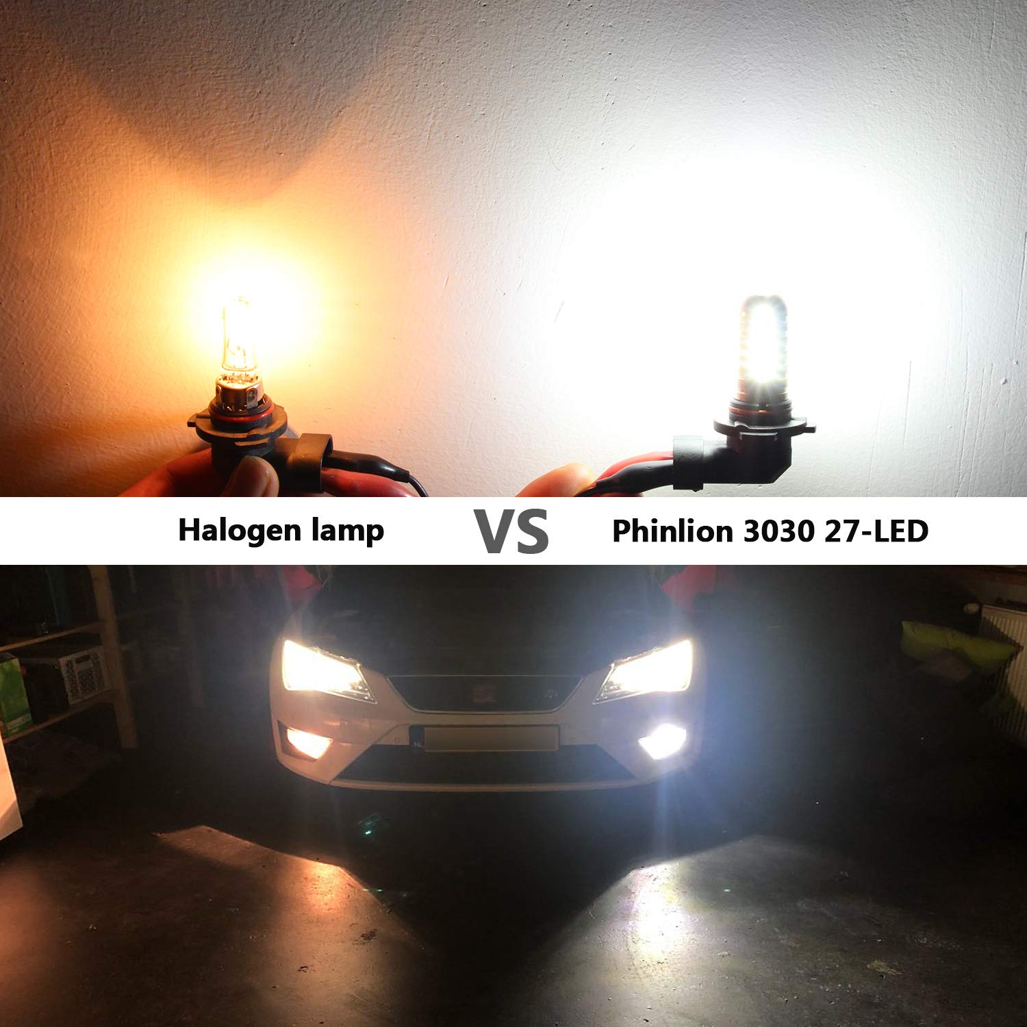 PHINLION H11 LED Fog Light Bulbs, 6000K Xenon White, Super Bright 3030 27-SMD, Replacement for H8/H16, Pack of 2