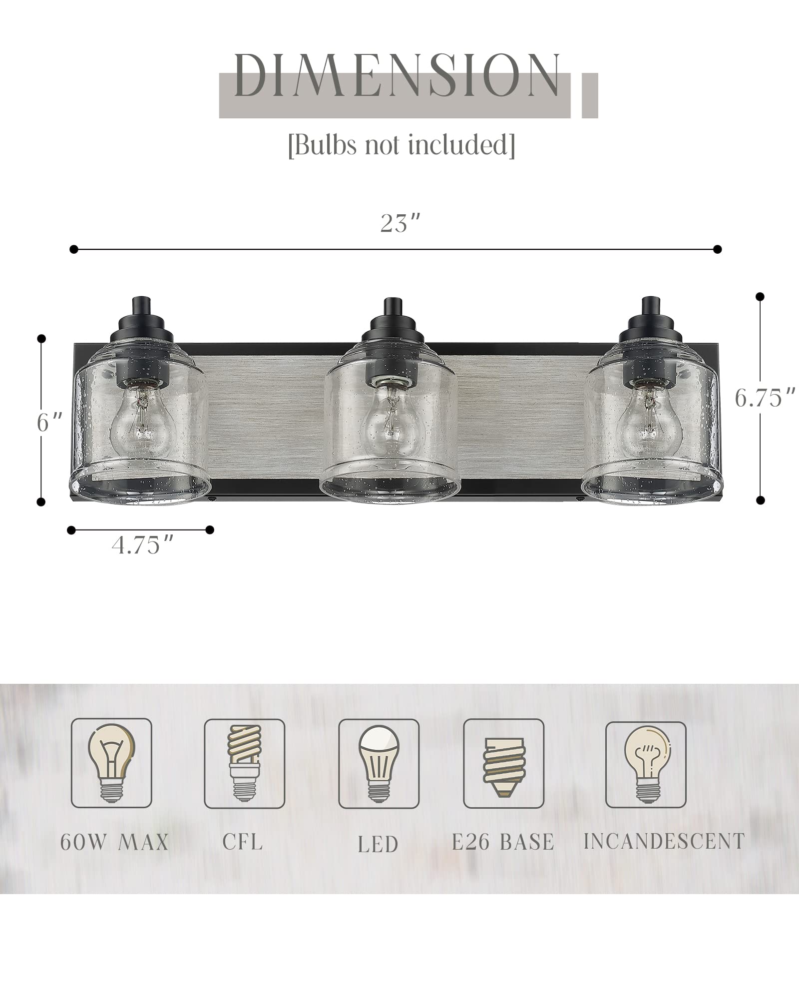 23" Large Farmhouse Bathroom Vanity Light,Handmade Grey Wood Vanity Light With Bubble Glass Shades,3-Light Rustic Wall Sconce Lighting Fixtures Over Mirror, Bd005-3-Bk