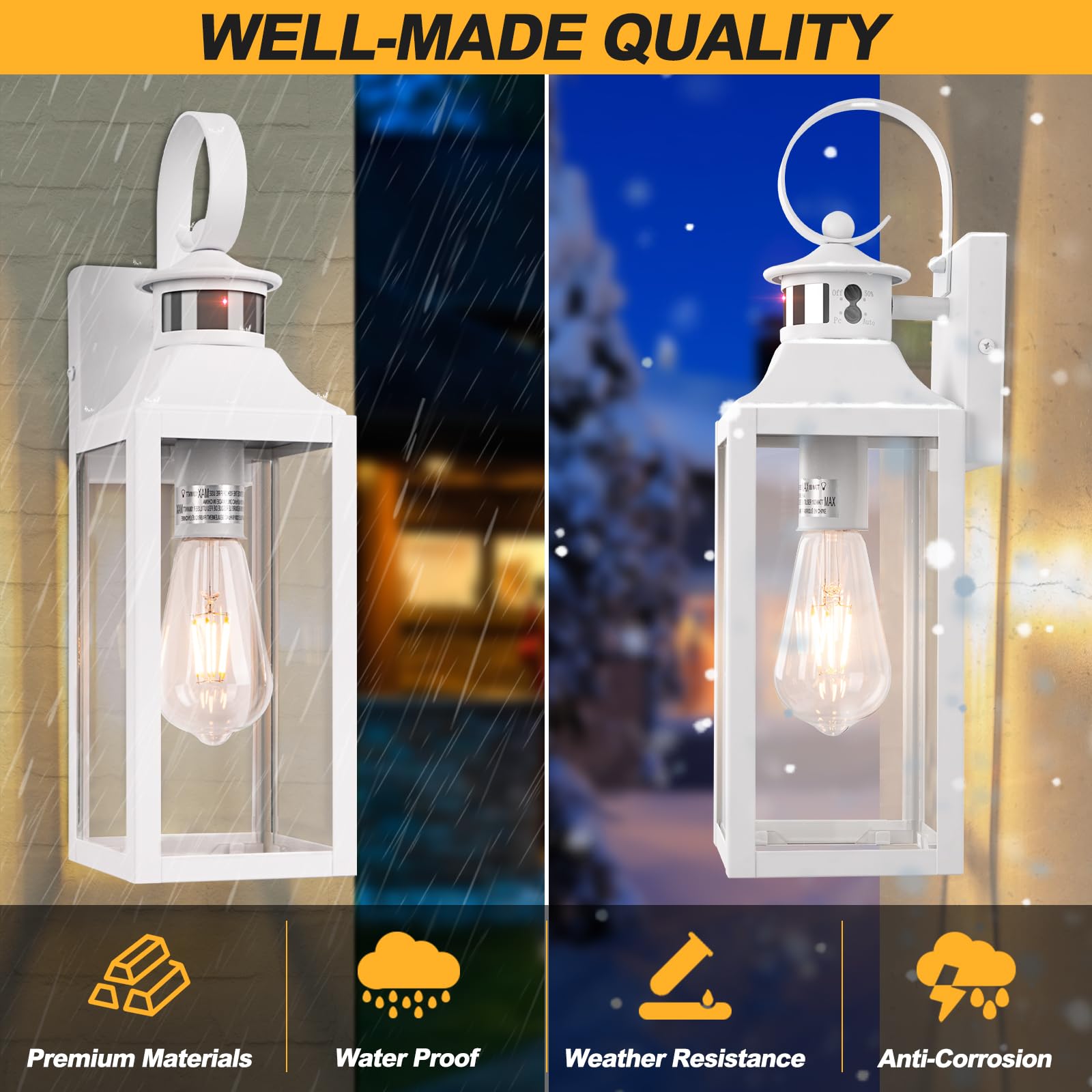 Yolsunes 16'' Motion Sensor Outdoor Lights 2 Pack - White Dusk To Dawn Light Fixtures Wall Mount, Modern Exterior Wall Sconces,