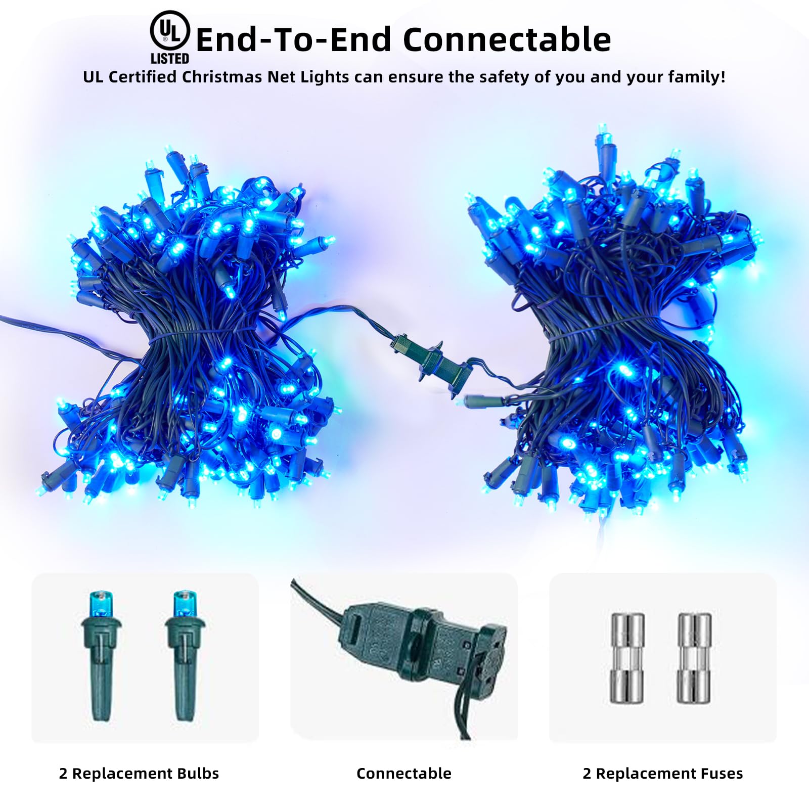 Dirnun LED Christmas Net Lights, 160 LED, 5ft x 7ft, Waterproof, Blue, Model HO-160/4N, Indoor/Outdoor Fairy Mesh Light for Holiday Decor
