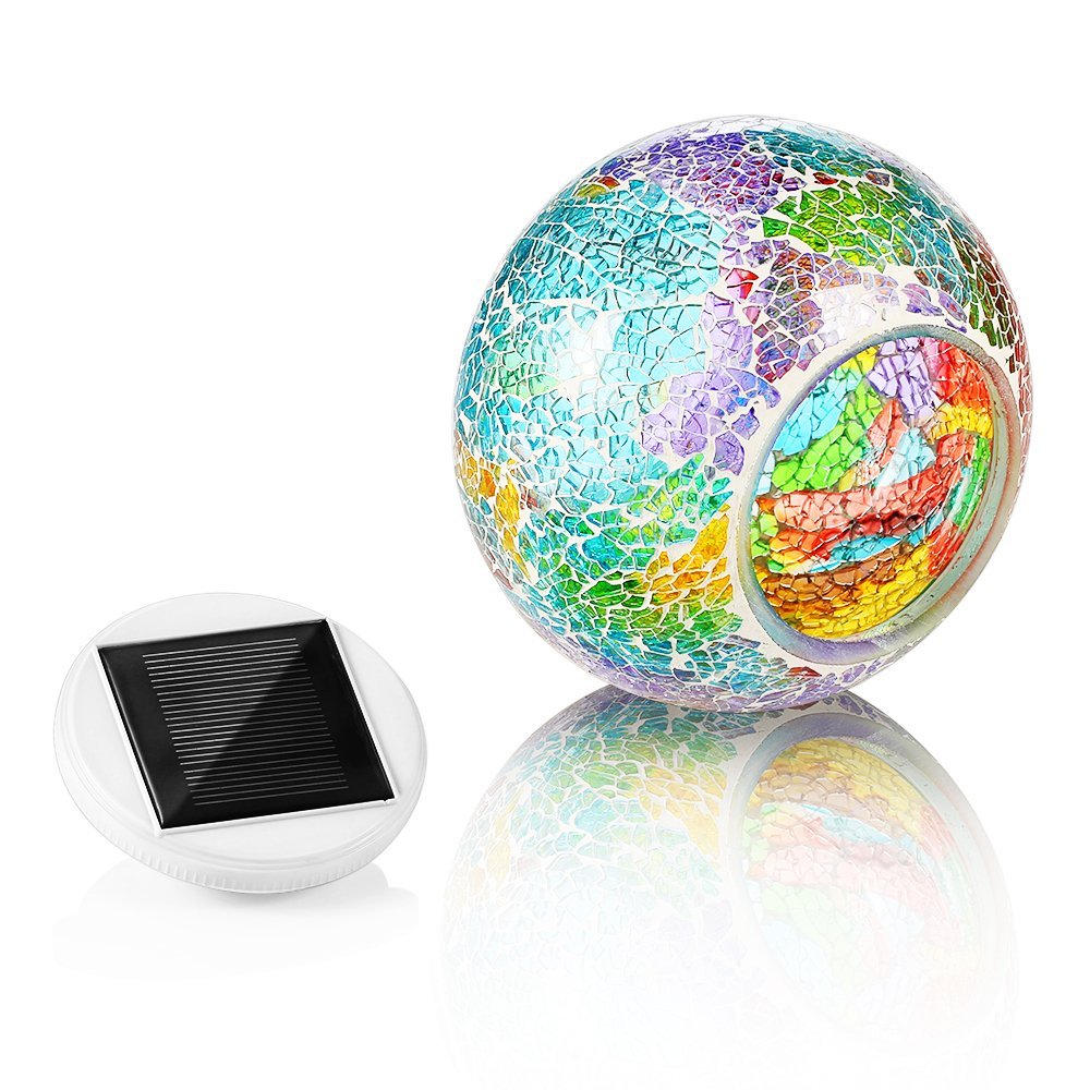 Wsgift Color Changing Solar Powered Glass Mosaic Ball Lights - Outdoor Waterproof Table Lamps