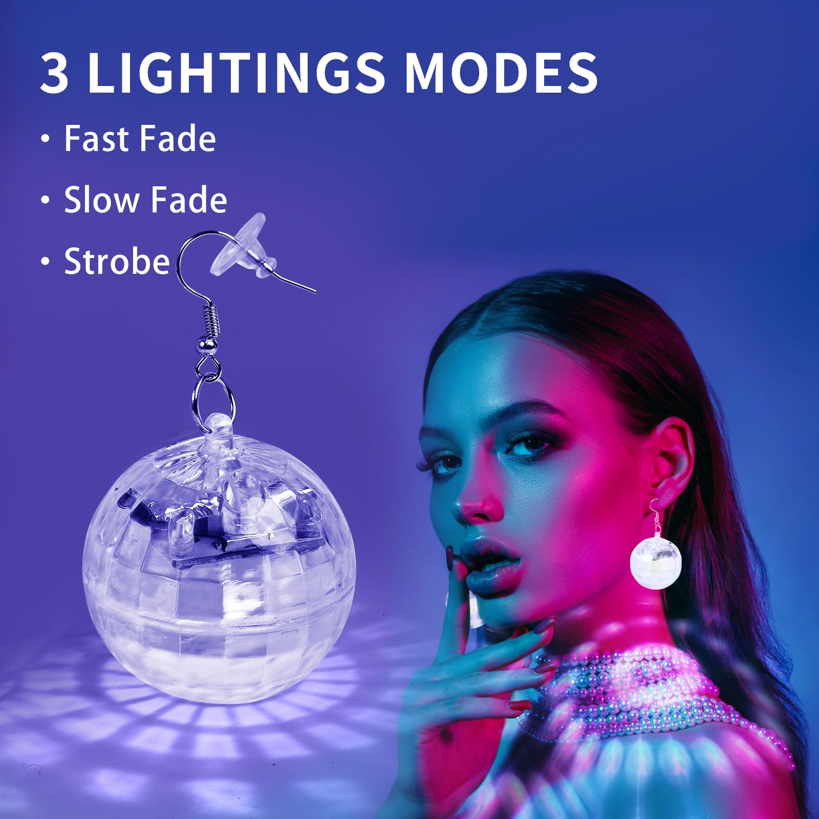 RAHAN LED Disco Ball Earrings, Rechargeable, 3 Light Modes, White, Model: disco-white