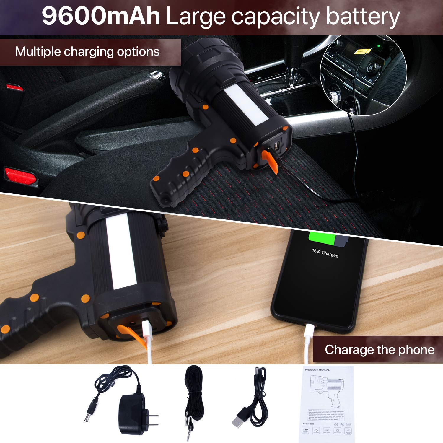 Cybbo Powerful Spotlight - 6000 Lumen Rechargeable Flashlight, Waterproof, ABS & Aluminum, Adjustable Tripod, Black-New, Model C01
