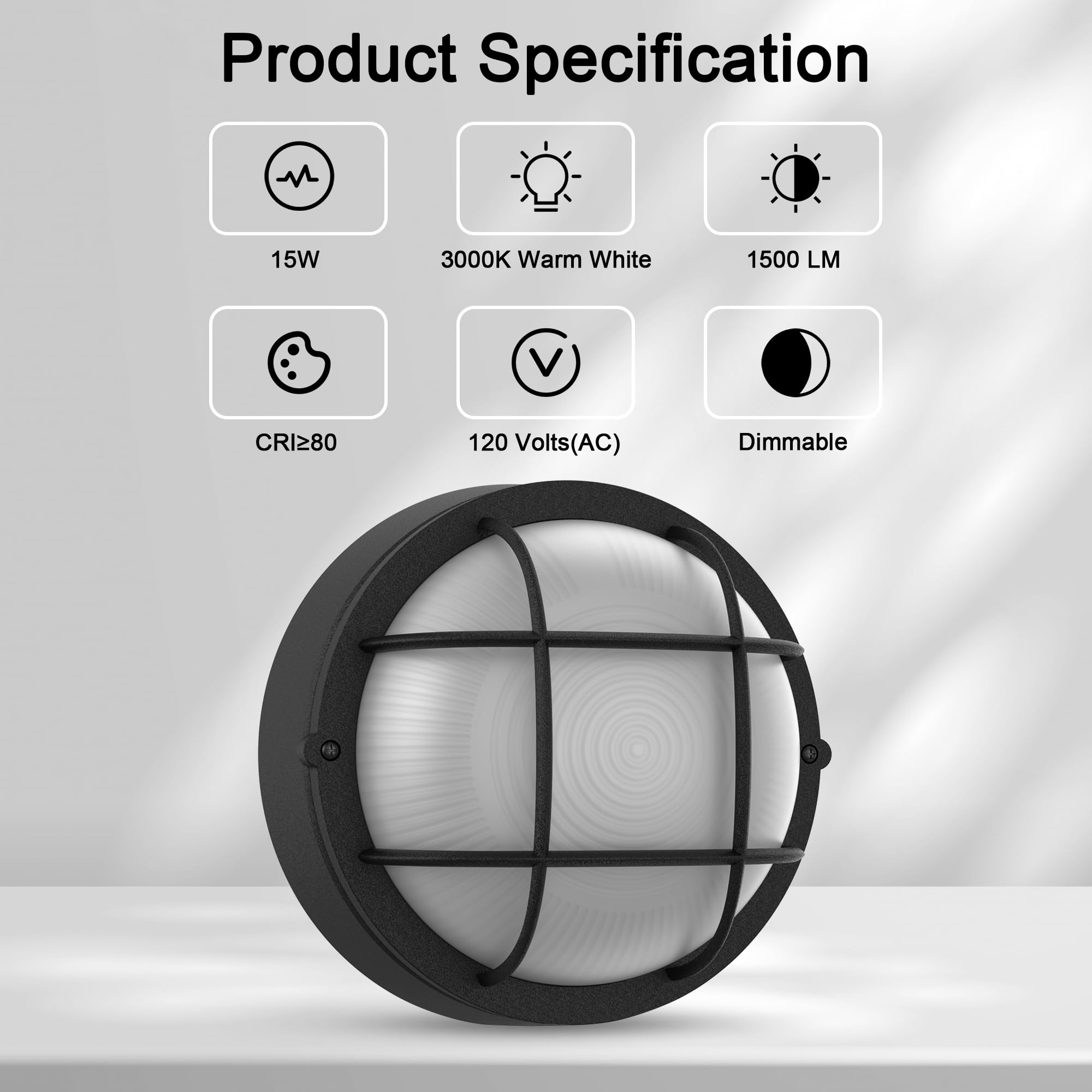Faymart Lighting 8 Nautical Outdoor Light-Black Round Bulkhead Led Lights Sauna Light Fixture Outdoor 8 Nautical Bulkhead Light 3000K 1500Lm 15W Led Outside Wall Lights