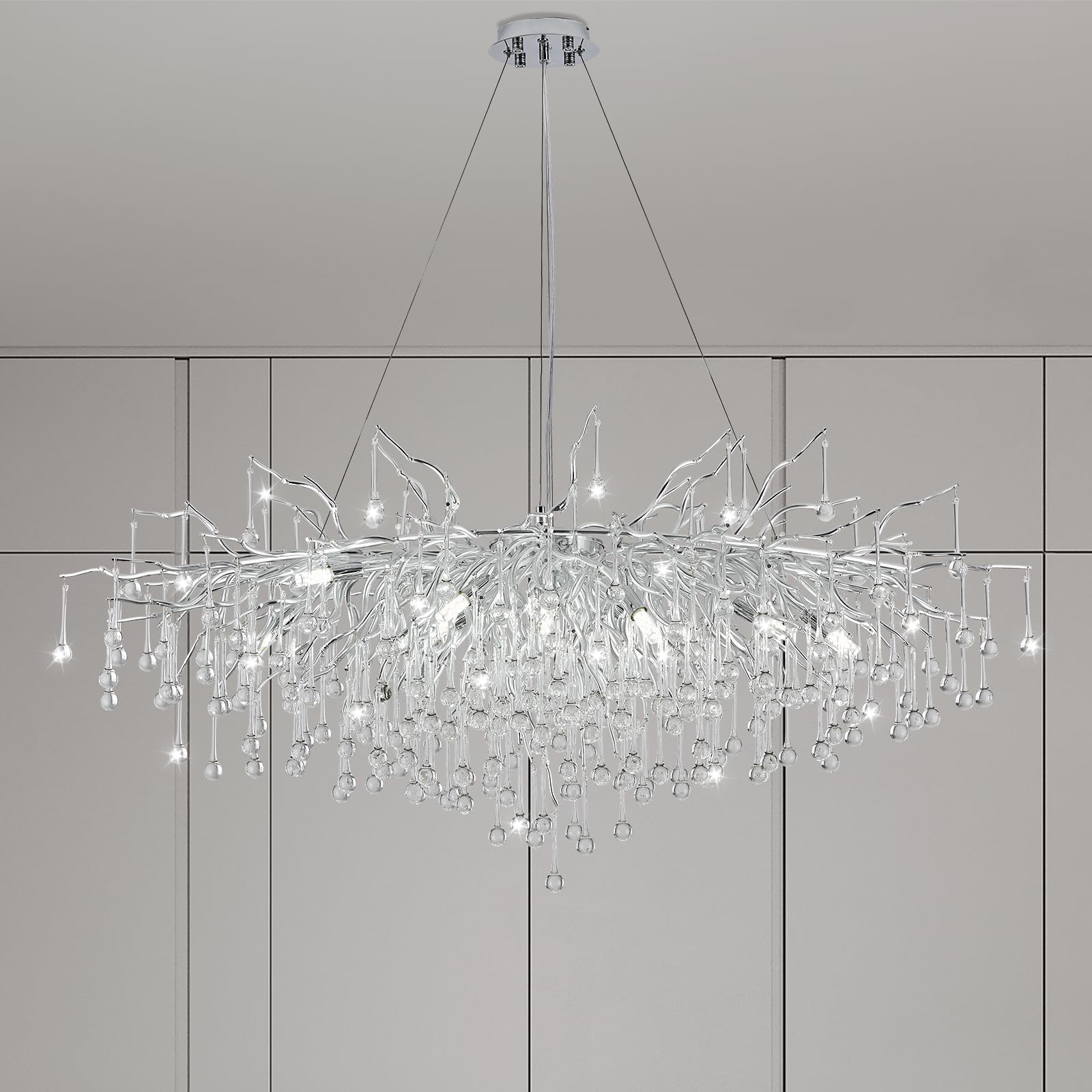 NIUZDU Modern Silver Crystal Chandelier, 47.2in Raindrop Design, Oval-Long, Model CP1002 for Dining Room, Entryway, Living Room