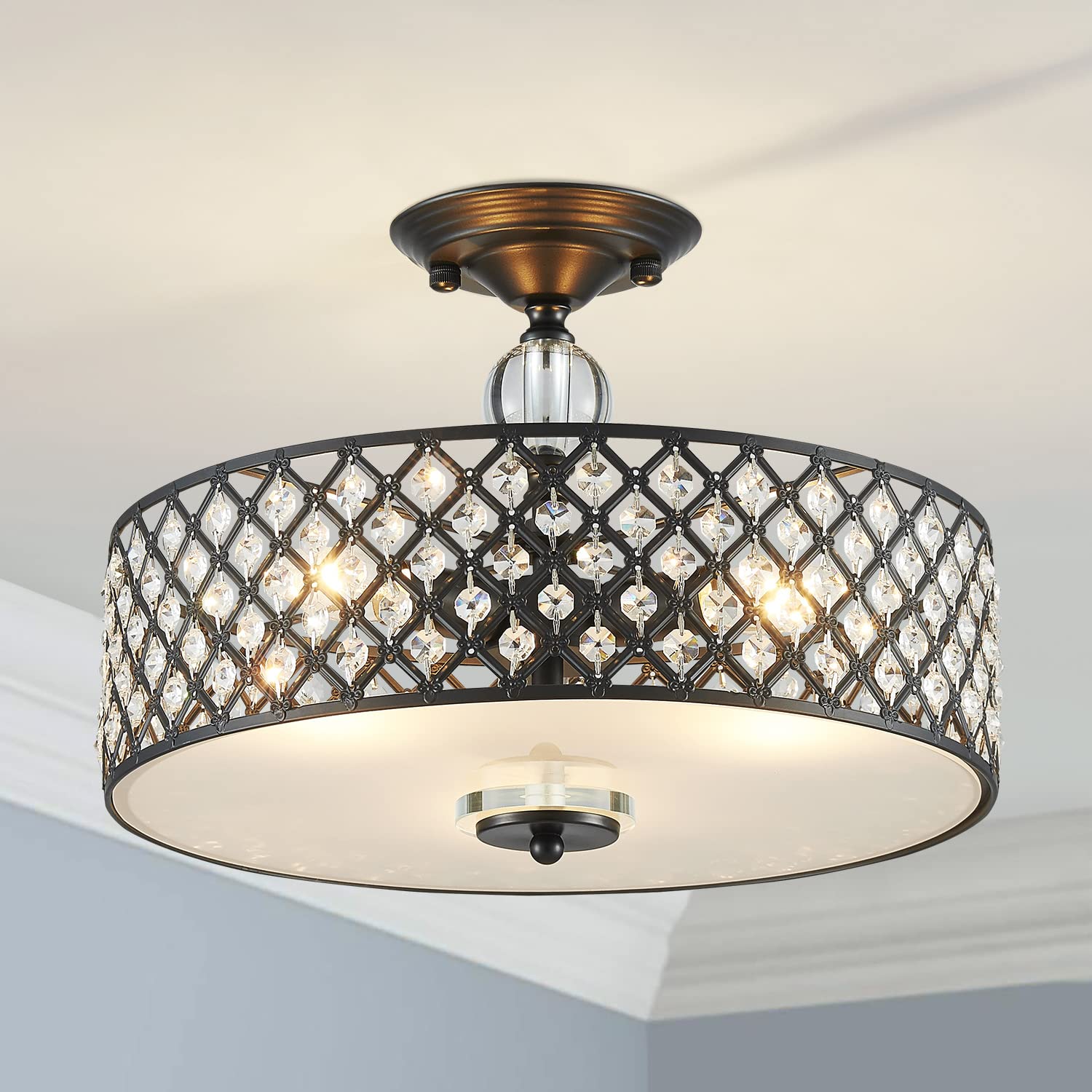 Saint Mossi Semi Flush Mount Ceiling Chandelier  Modern K9 Crystal Ceiling Light Fixture For Dining Room  Livingroom  Bedroom  H11 X D15.4  Matte Black Finish