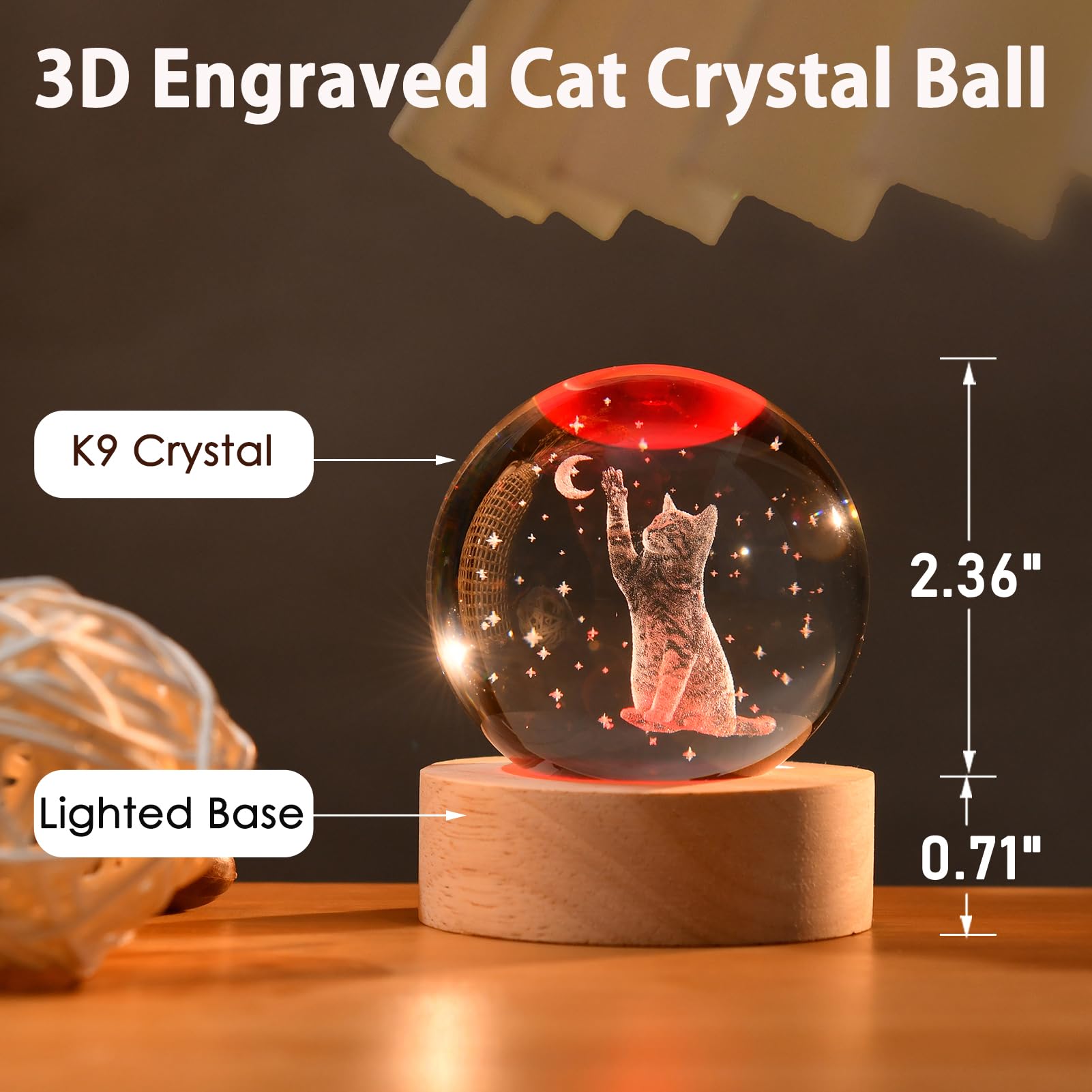 IFOLAINA 3D Cat Sympathy Figurine - 2.36" Laser Engraved Crystal Ball with Wooden Base, Multicolor Cat Gifts for Cat Lovers