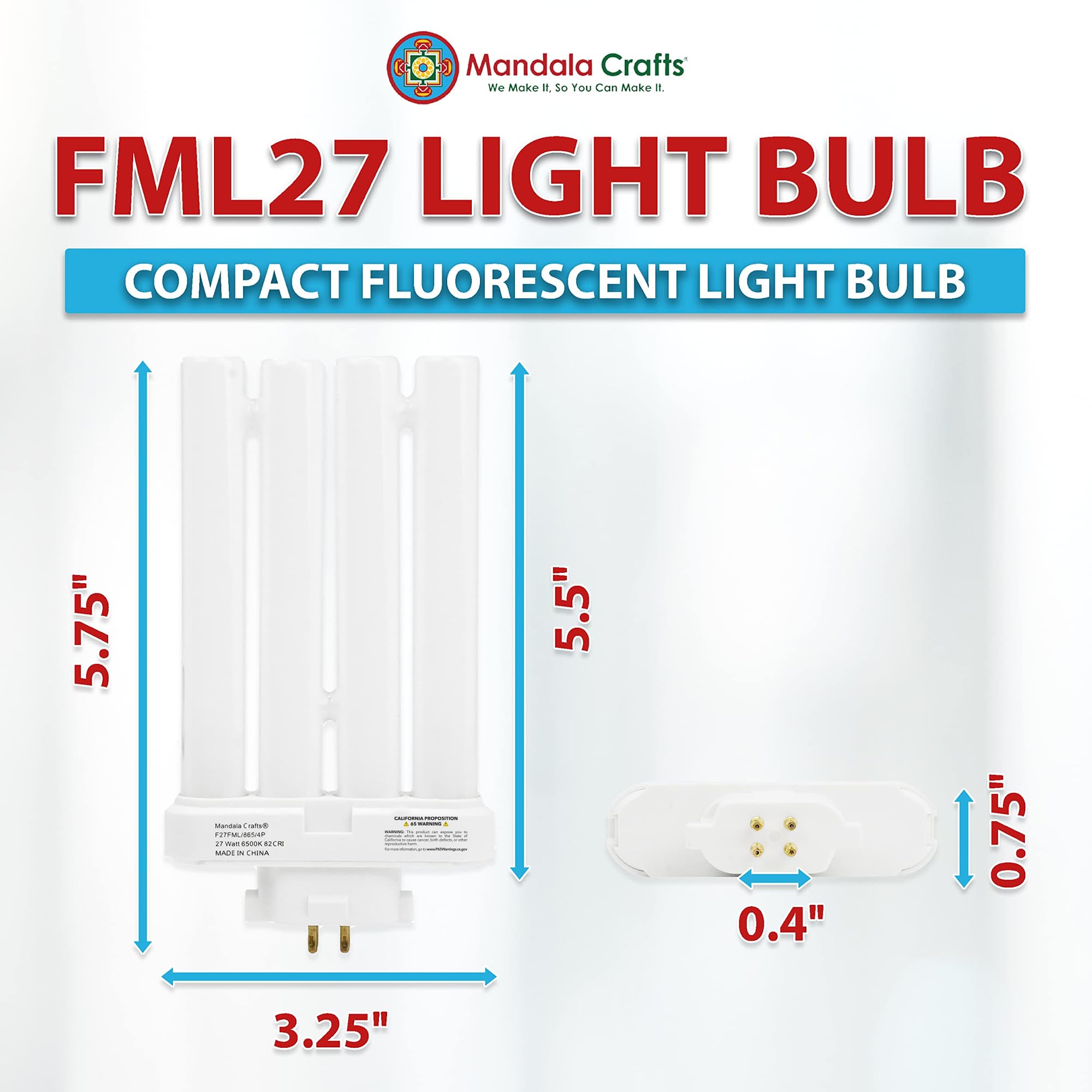 Mandala Crafts Fml27 27-Watt 6500K Compact Fluorescent Light Bulbs With Quad Tubes, 2 Packs Daylight 4-Pin Gx10Q-4 Base Fml Fml