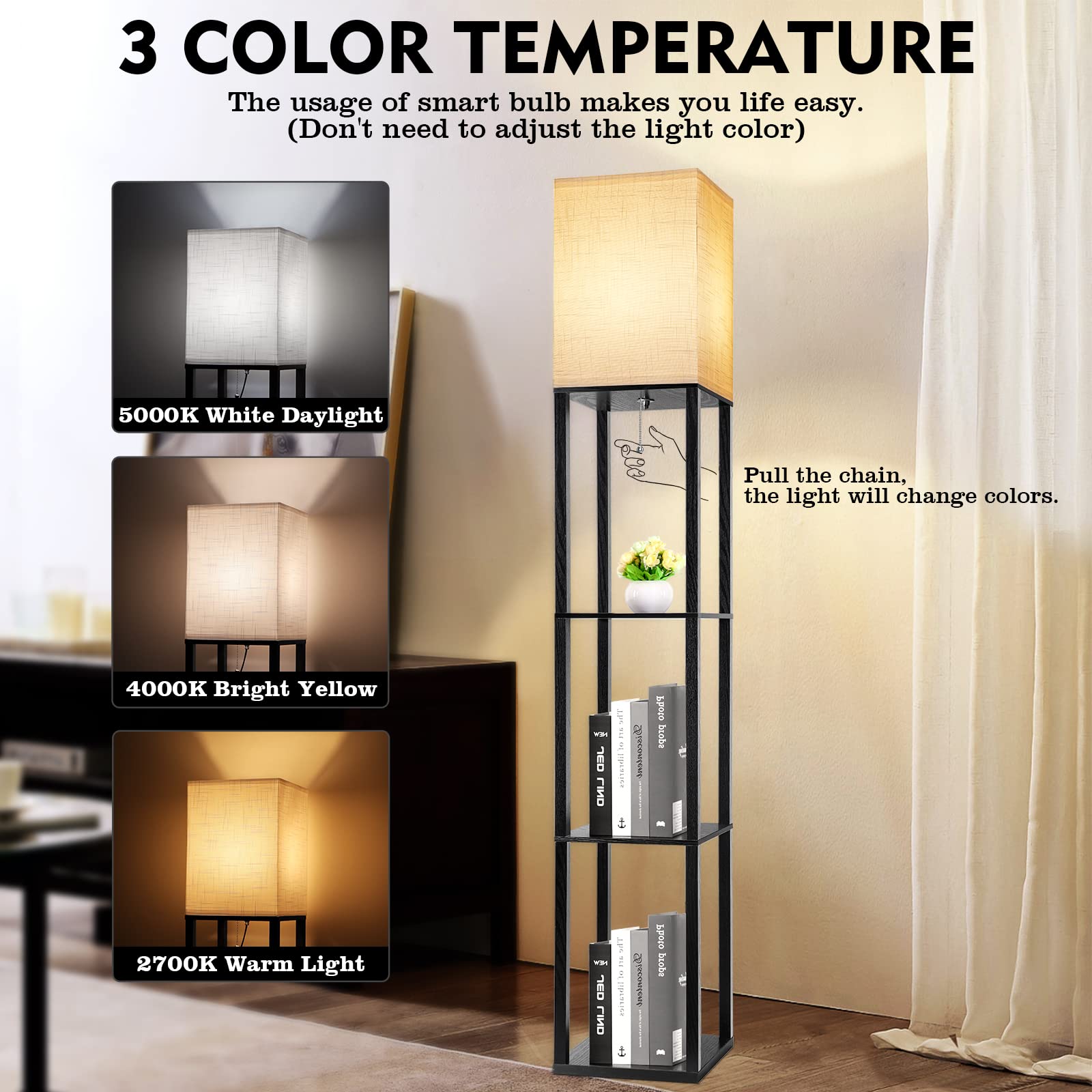 RUNTOP Floor Lamp with Shelves, LED Bulb, Modern Design, Black