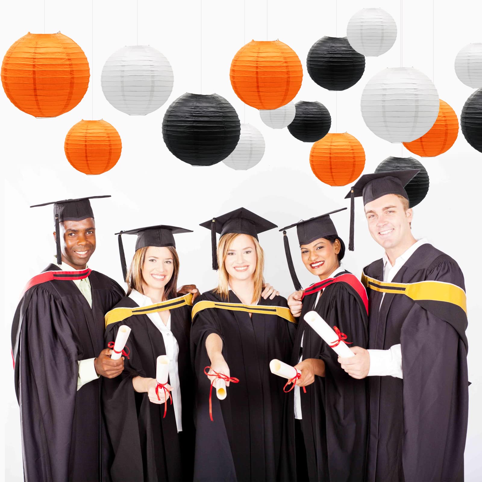 ADLKGG Paper Lanterns Decorative 9pcs Round Hanging Lanterns Metal Black/Orange/White for Halloween Thanksgiving Party