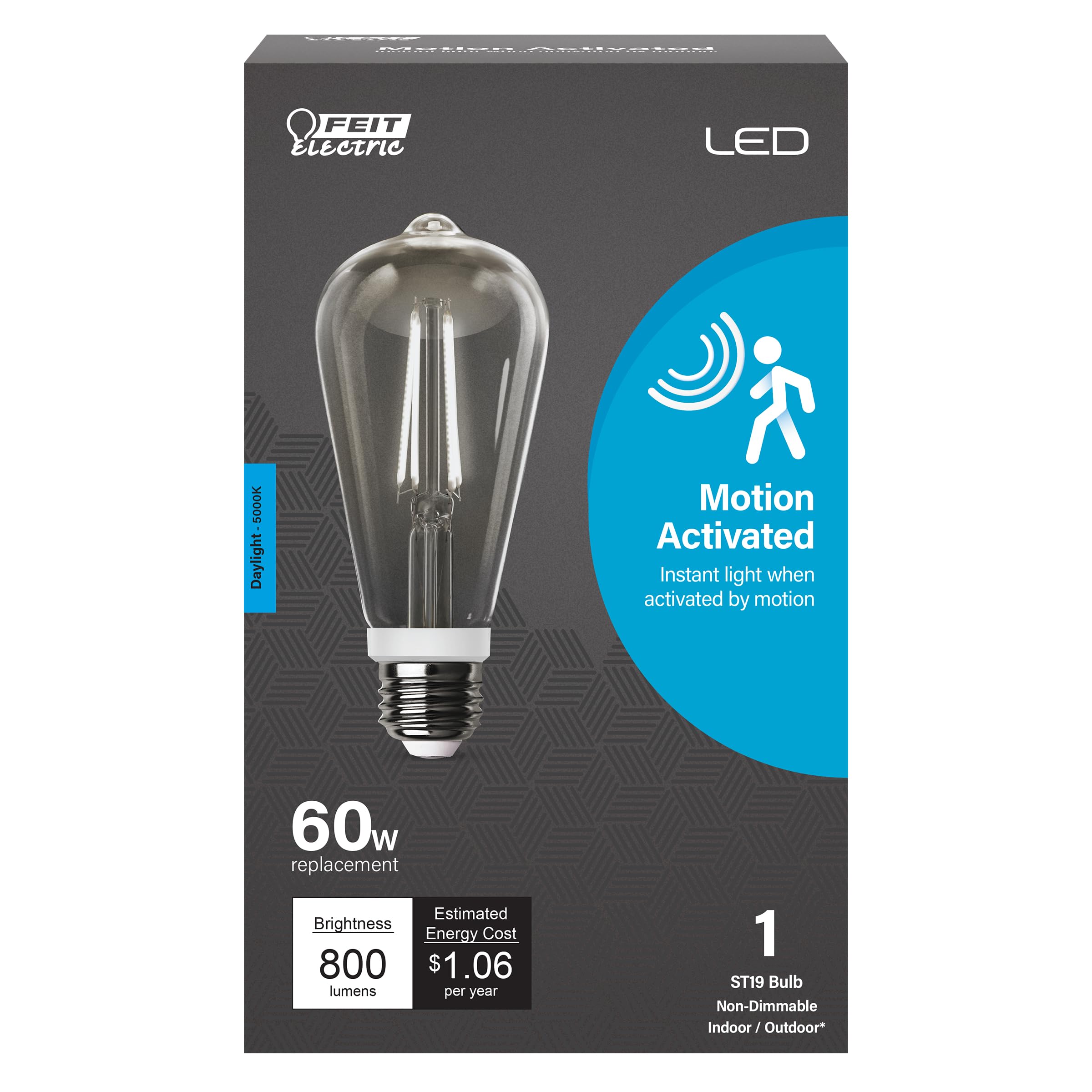 Feit Electric LED Bulb ST19, 60W Equivalent, 5000K Daylight, Motion Sensor, E26 Base, White, Indoor/Outdoor Use