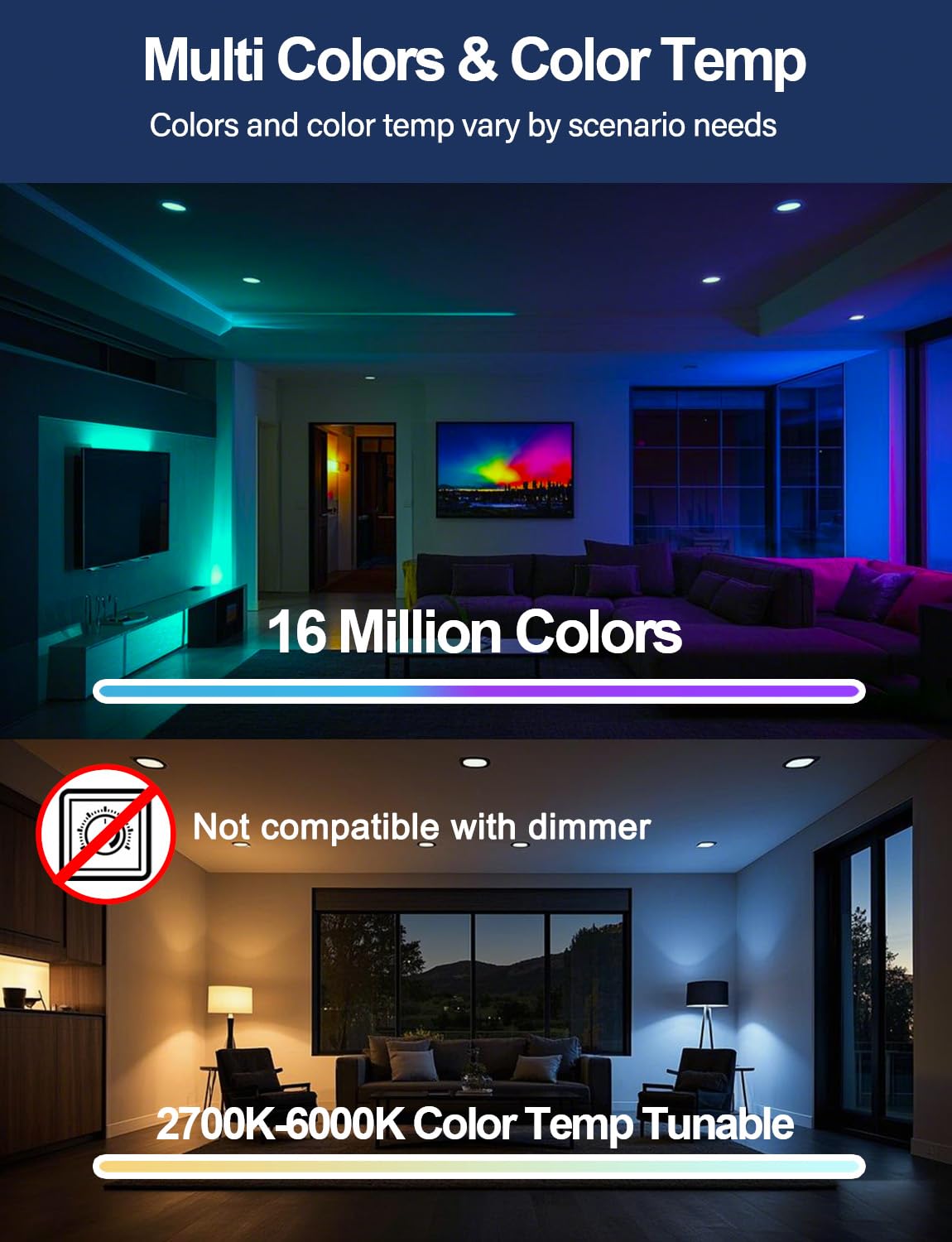 Ilc 6 Inch Led Recessed Light, Work With Alexa (Hub Required), App Controlled, Rgb Color Changing, 16 Million Colors, Cct: 2700K
