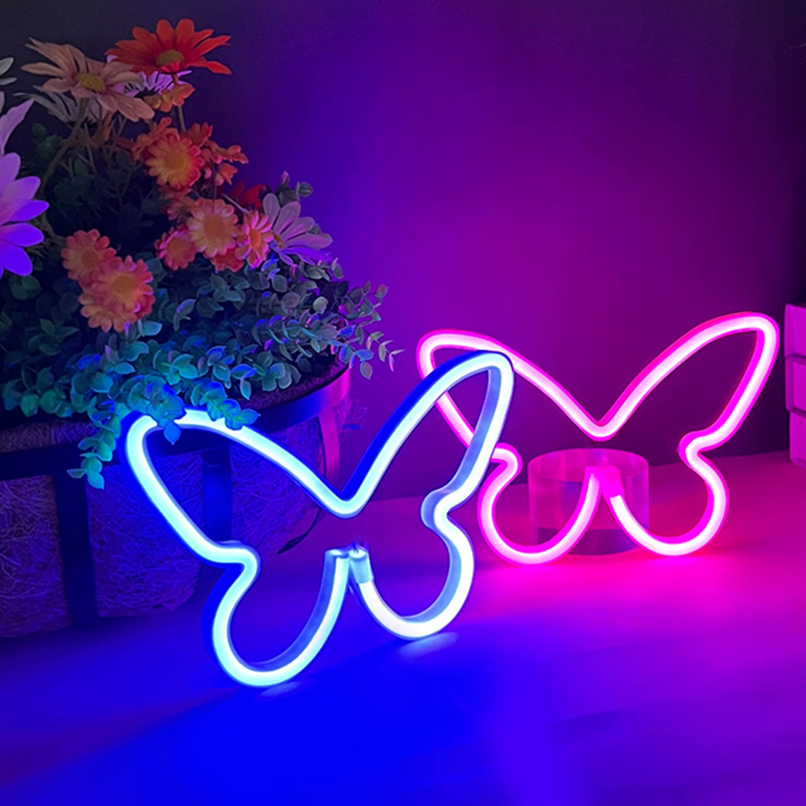 Bernicekelly 2-Piece Butterfly Neon Light - Pink & Blue Led Wall Decor For Kids Room & Parties