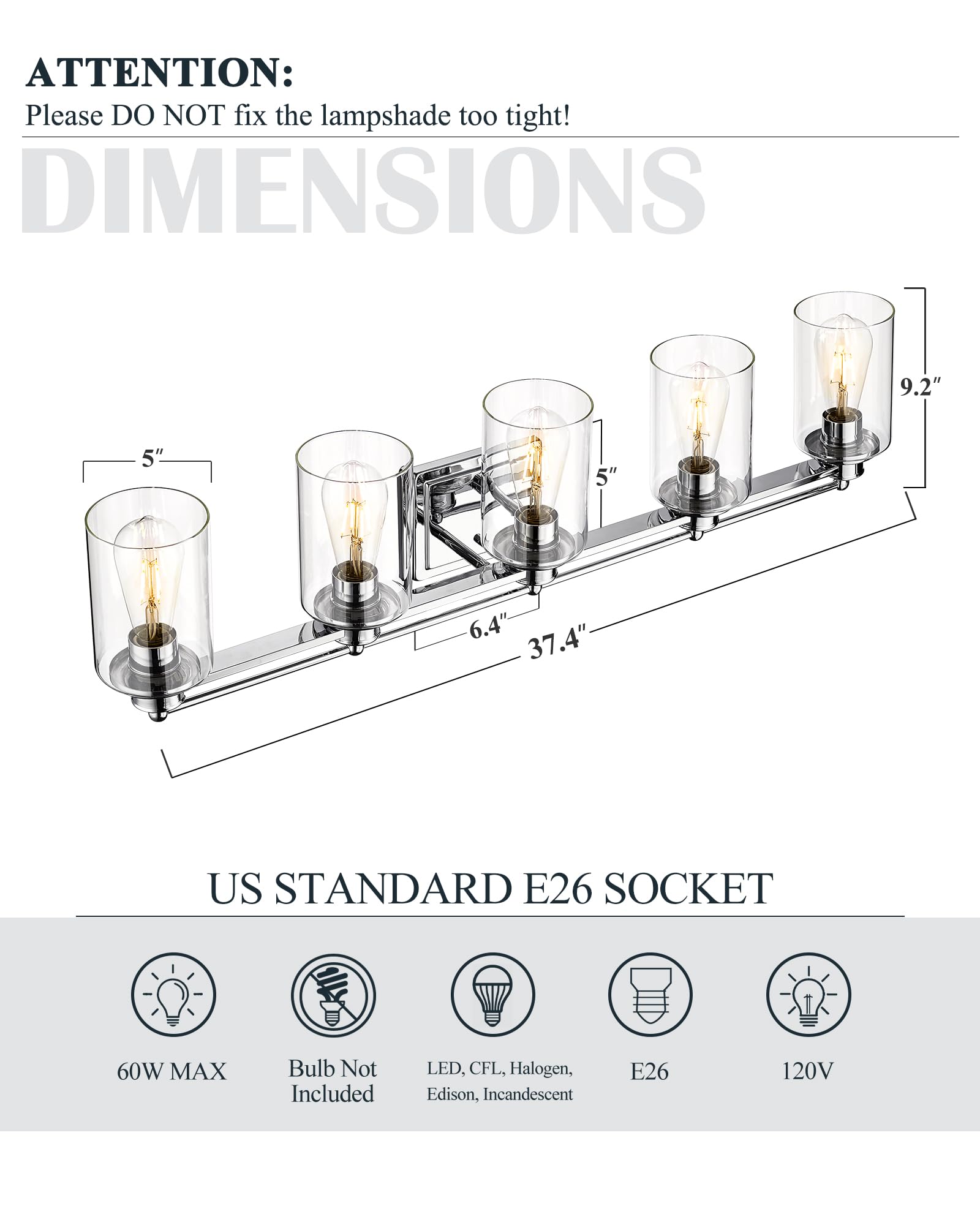 Hwh Chrome 5-Light Bathroom Vanity Light Fixture - Modern Sconce Over Mirror, 37-Inch