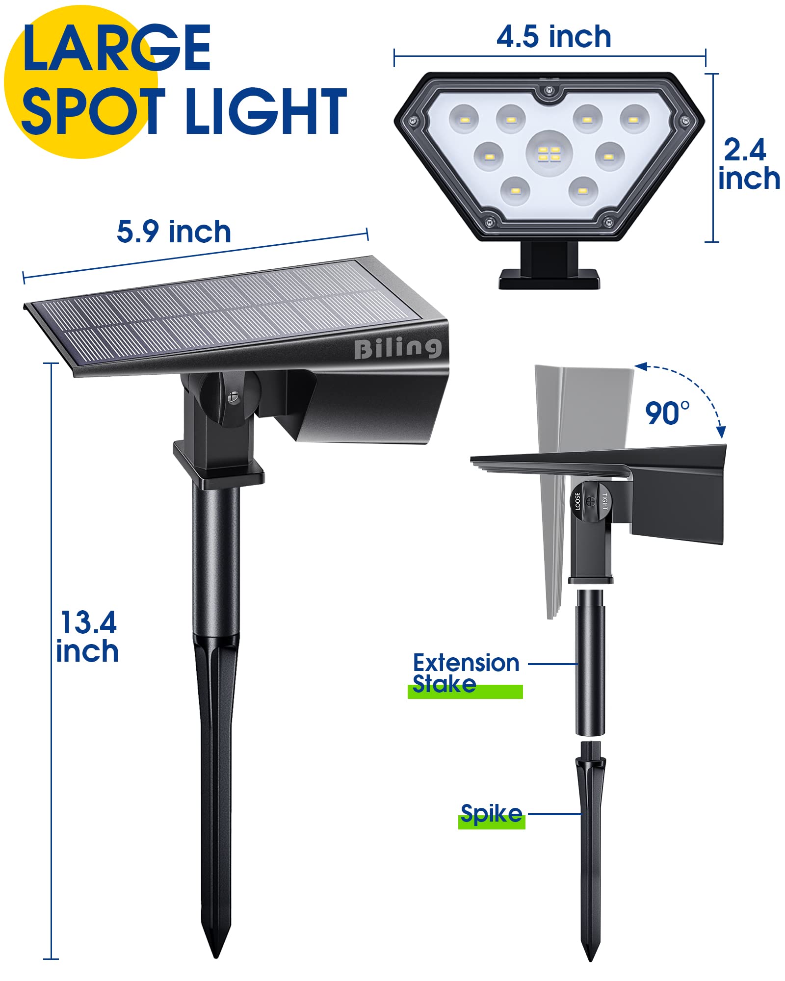 Biling Solar Spot Lights - 700 Lumen Waterproof Landscape Uplights, 4 Pack, White, IP67 for Yard, Garden, Patio, Driveway, Pool