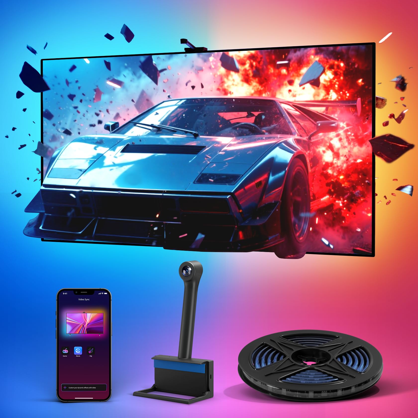 Ailofy Smart TV LED Backlight with Camera, 7.87ft Color Changing Strip Lights for 40-50 inch TVs, Black, Model AICAMTVSL