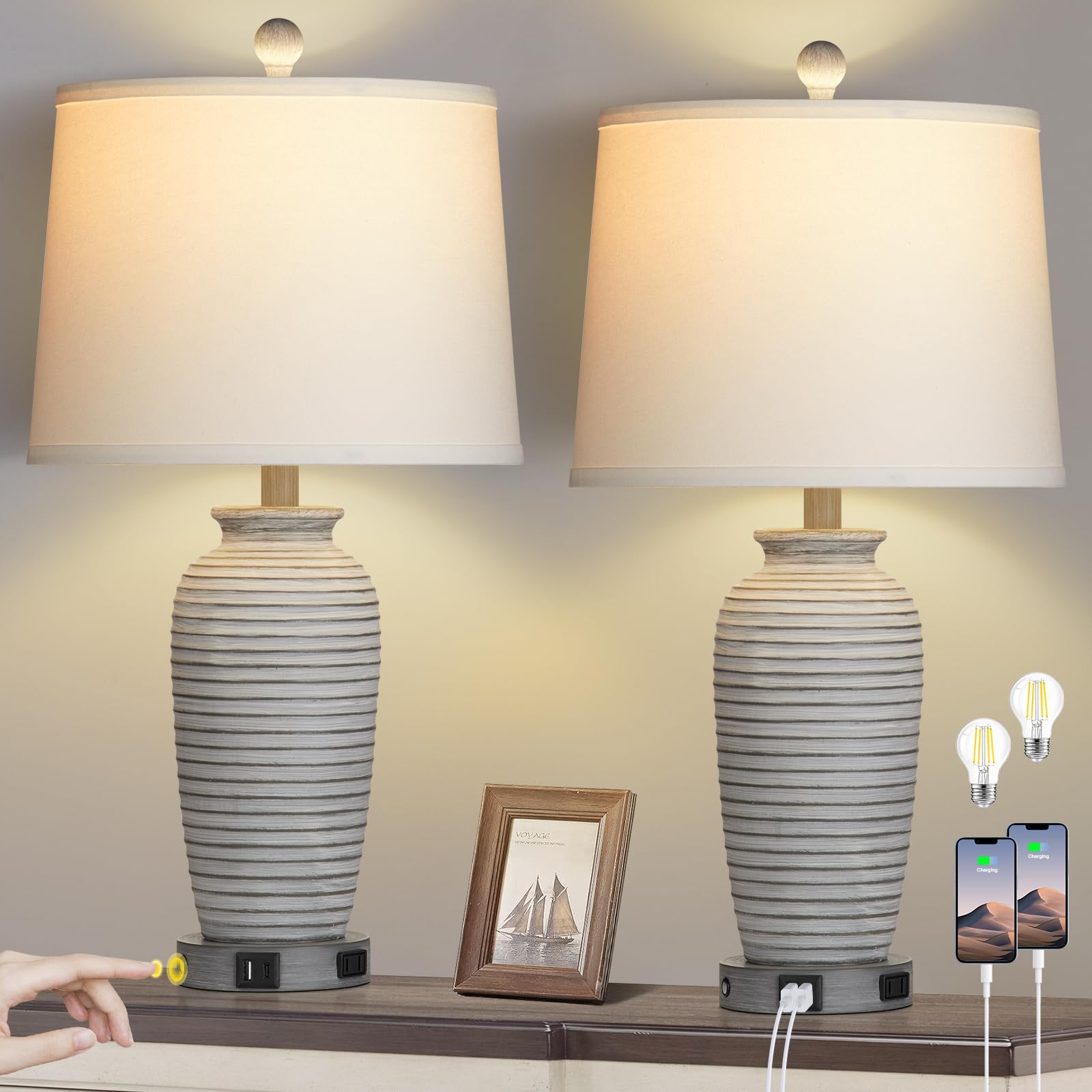 Cinsary 25" Farmhouse Jar Table Lamps Set Of 2, 3 Way Touch Control Rustic Bedside Lamps With Usb A+C Ports & Ac Outlet, Pot Nightstand Lamps For Bedroom Living Room (Led Bulbs Included)