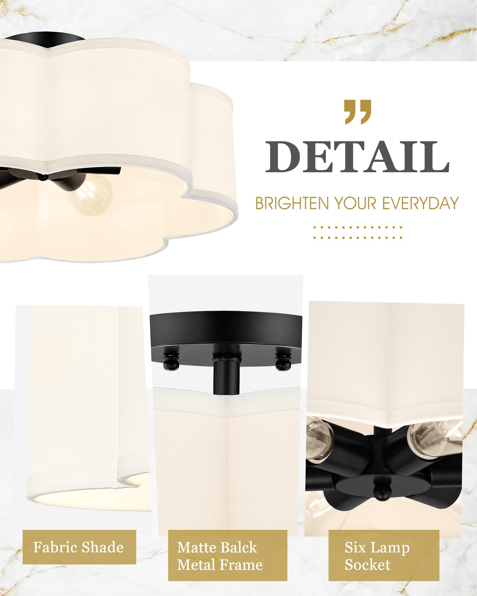 Audickic Black Semi Flush Mount Ceiling Lights, 6-Light 18Inch Ceiling Light Fixtures With Fabric Drum Shade In Flower Shape For