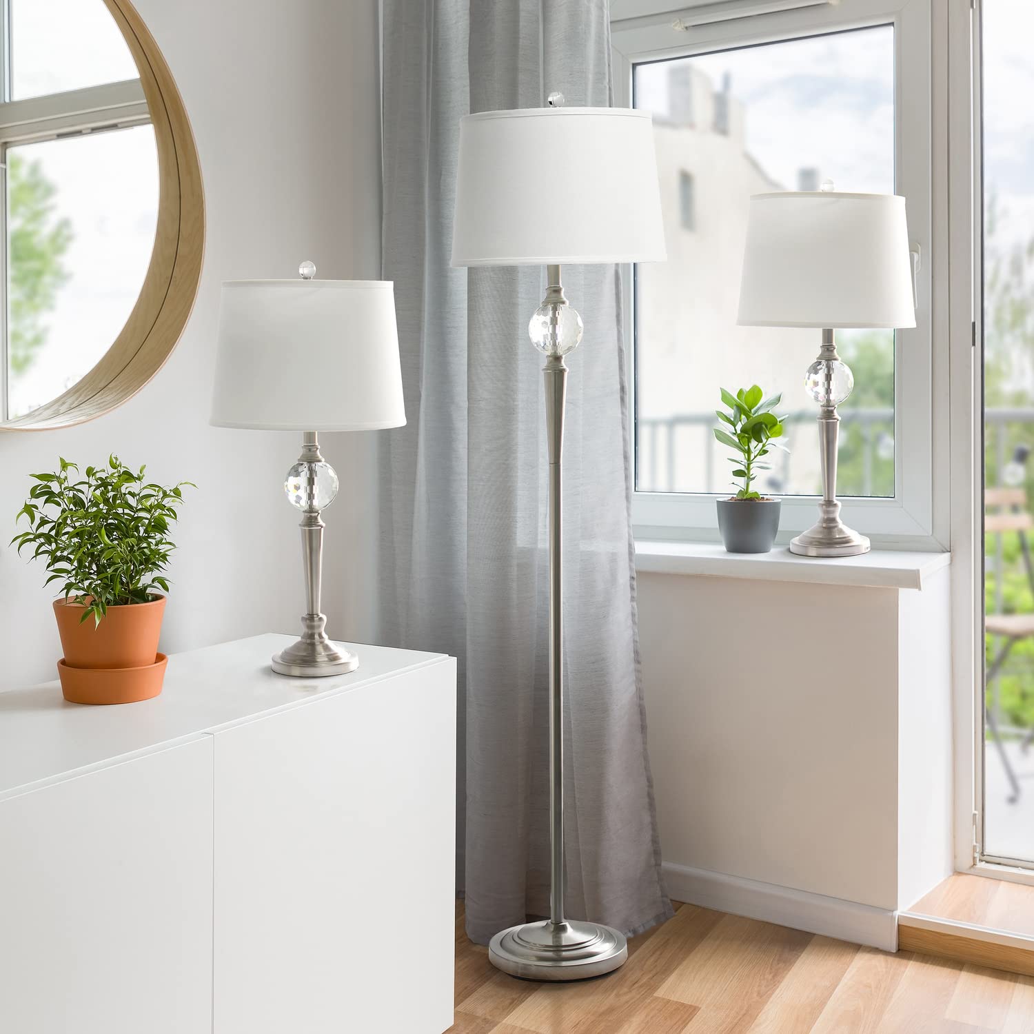 Lalia Home Brushed Nickel Crystal Drop Table & Floor Lamp Set, 63&quot; Height, Metal Design