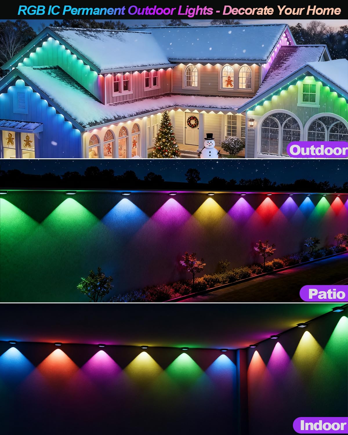 PIYOOPDR 100FT RGB-IC LED Outdoor Lights, IP67 Waterproof, App/Remote Control, Black, Model JG-001W-10