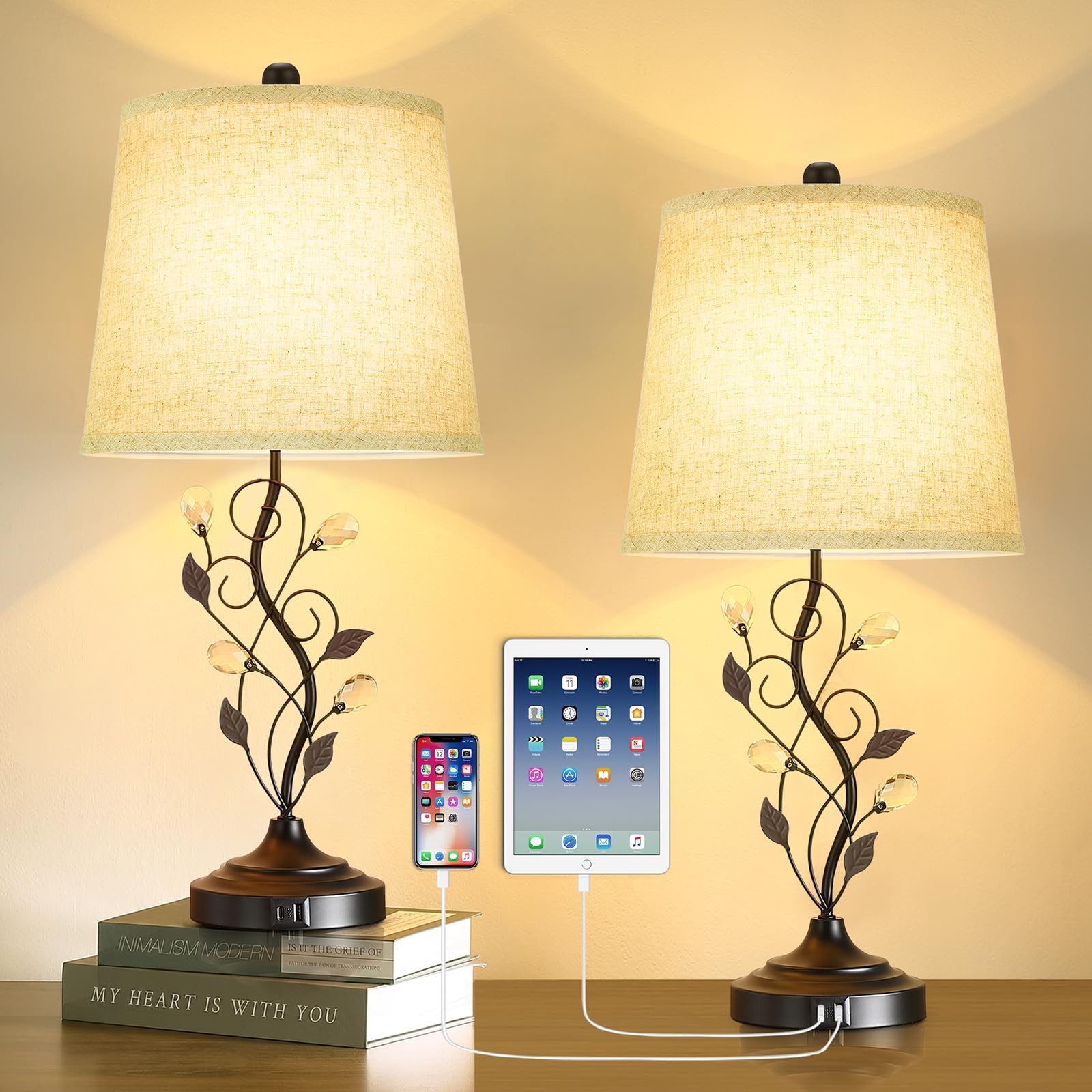 Sheetea 24.5In Farmhouse Table Lamps For Living Room Set Of 2, Rustic Lamps For Bedroom With 2 Usb Charging Ports, Traditional Bedside Lamps For Nightstand Retro Vine Leaf Lamps For End Table Reading