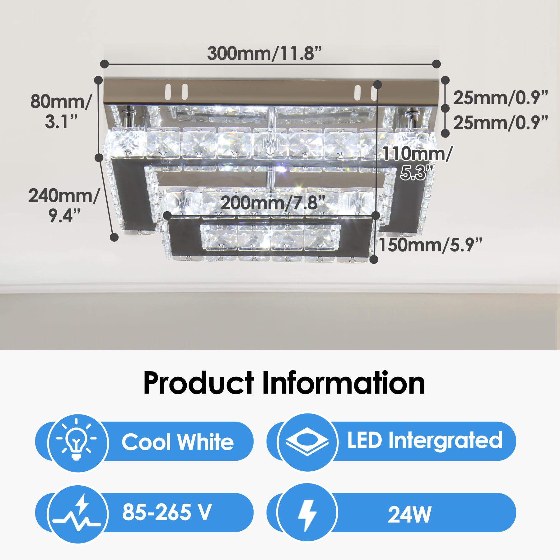 Finktonglan Led Crystal Ceiling Light, Modern K9 Stainless Steel Flush Mount For Living Room/Bedroom