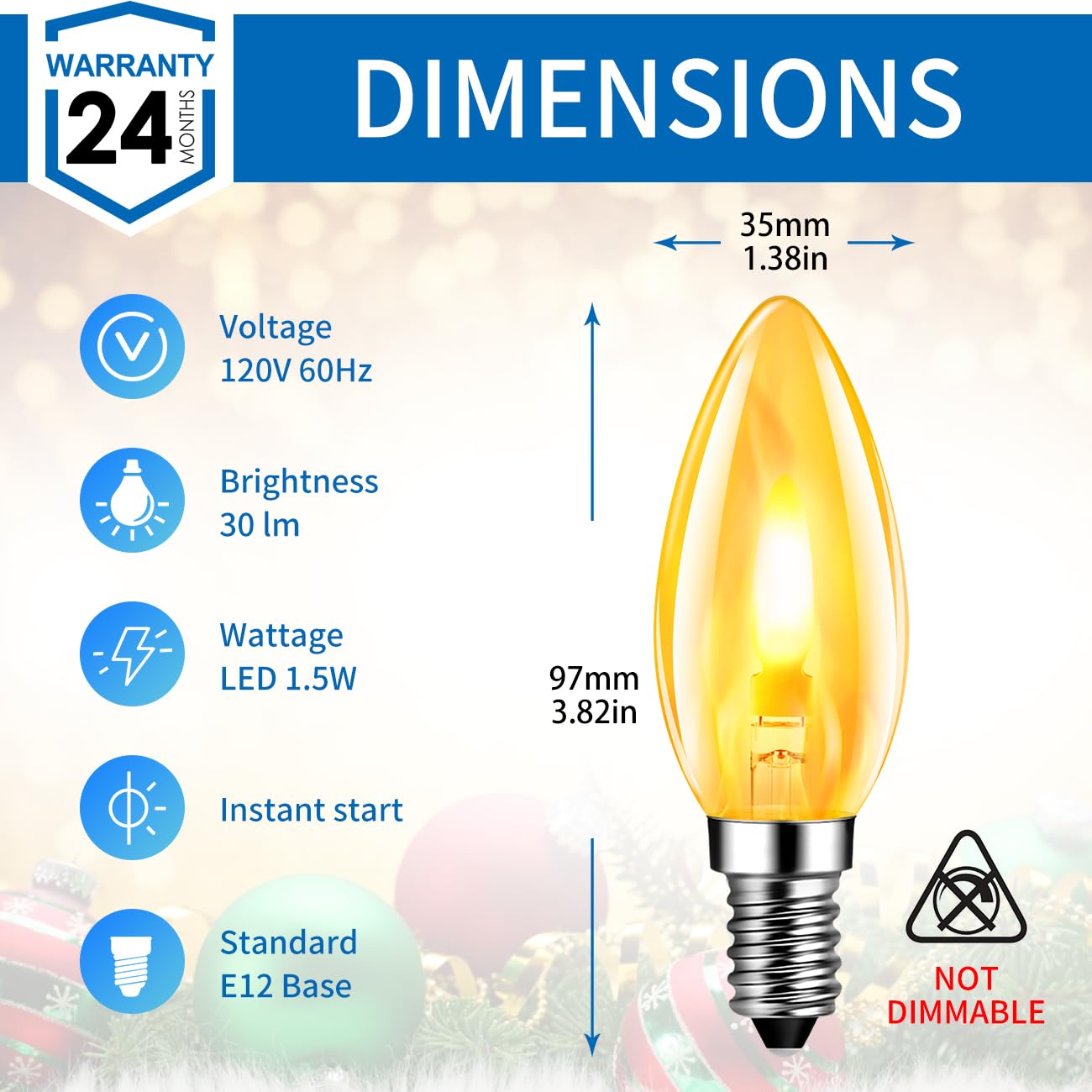 ANWIO Flicker Flame Light Bulb 1.5W, Non-Dimmable, E12, 2 Pack, 1800K Warm Light, Crystal Clear Candle Bulb, Model