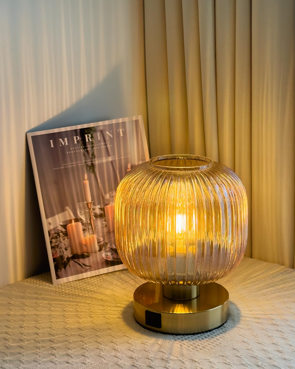 Elenhome Big Touch Table Lamp,Elegant Gold Glass Bedside Lamp 3 Way Dimmable With Usb C+A Charging Ports - Bedroom Nightstand & Living Room Essential, 4W Bulb Included (Gold)