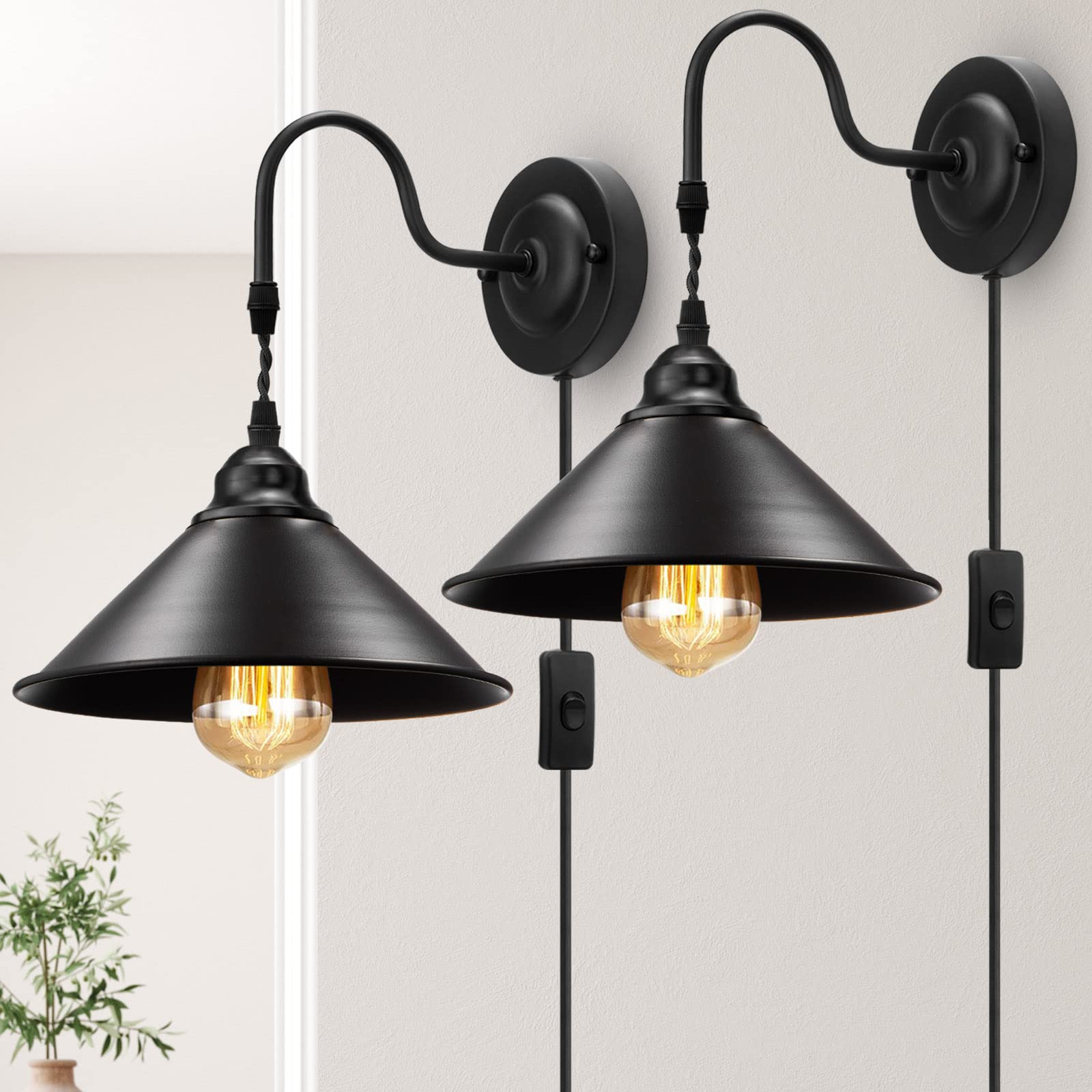 Yxth Vintage Plug-In Wall Sconces Set Of 2, Black Gooseneck Metal Lamp For Bedroom & Doorway